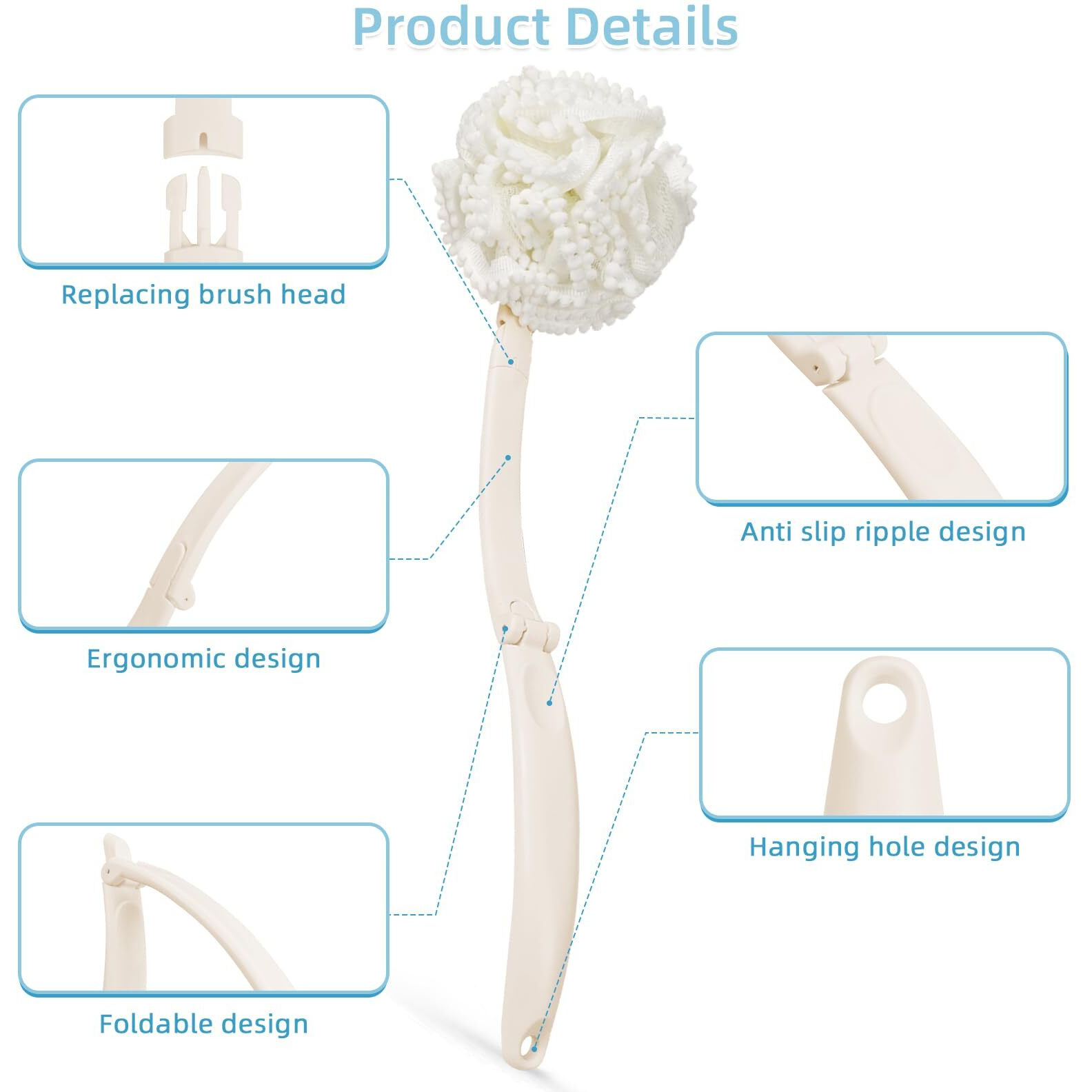 Topfinder Loofah Sponge With Handle,Back Scrubber Brush For Shower, Lotion Applicator For Back,3 In 1 Shower Kit (White Loofah)