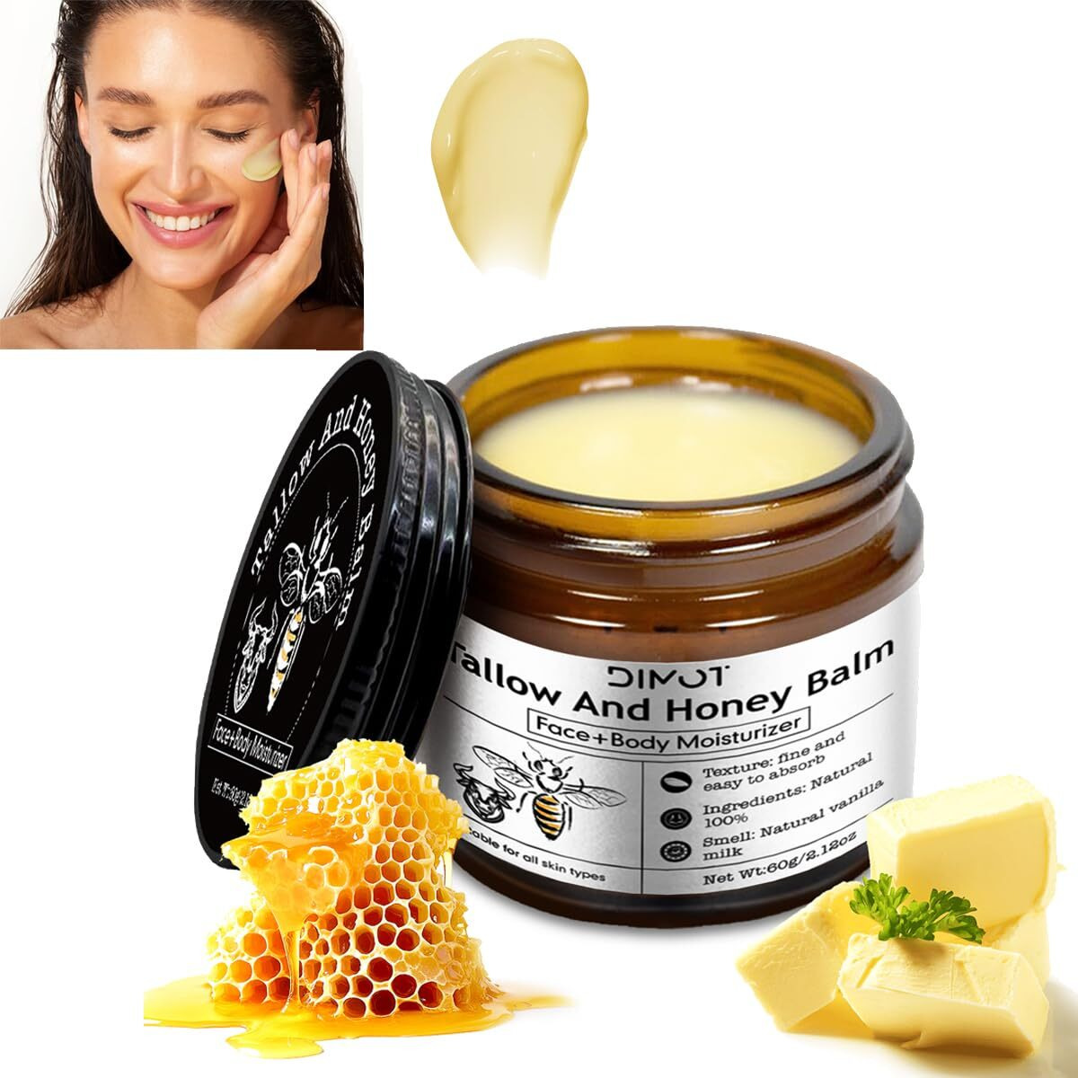 Beef Tallow For Face Skin, Tallow And Honey Balm For Skin Honey Butter Faces & Body Cream For Skins Firming & Hydrating Balm Care Tallows Face Moisturizer Cream, 2.12 Oz, 1Pc