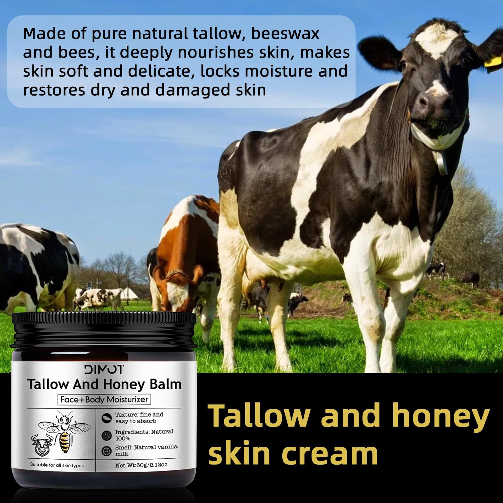 Beef Tallow For Face Skin, Tallow And Honey Balm For Skin Honey Butter Faces & Body Cream For Skins Firming & Hydrating Balm Care Tallows Face Moisturizer Cream, 2.12 Oz, 1Pc