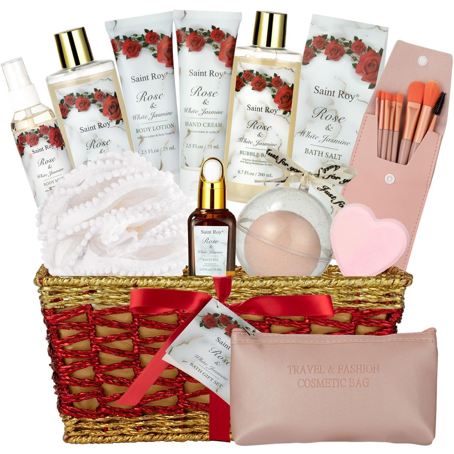 Mother's Day Gifts For Mom Bath And Body Gift Basket For Women, 21 Pcs Rose Jasmine Self Care Basket Bath Spa Kit Beauty Sets, Friendship Birthday Gifts