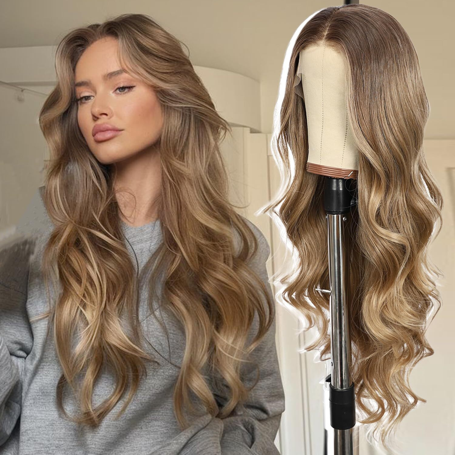 Babehers Blonde Lace Front Wig For Women 13X4 Body Wave Synthetic Wigs With Ombre Blonde Tips Pre-Plucked Long Wavy 150% Density Heat Resistant Hair Daily Party Use 26 Inch