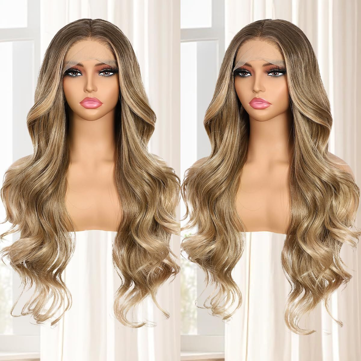 Babehers Blonde Lace Front Wig For Women 13X4 Body Wave Synthetic Wigs With Ombre Blonde Tips Pre-Plucked Long Wavy 150% Density Heat Resistant Hair Daily Party Use 26 Inch