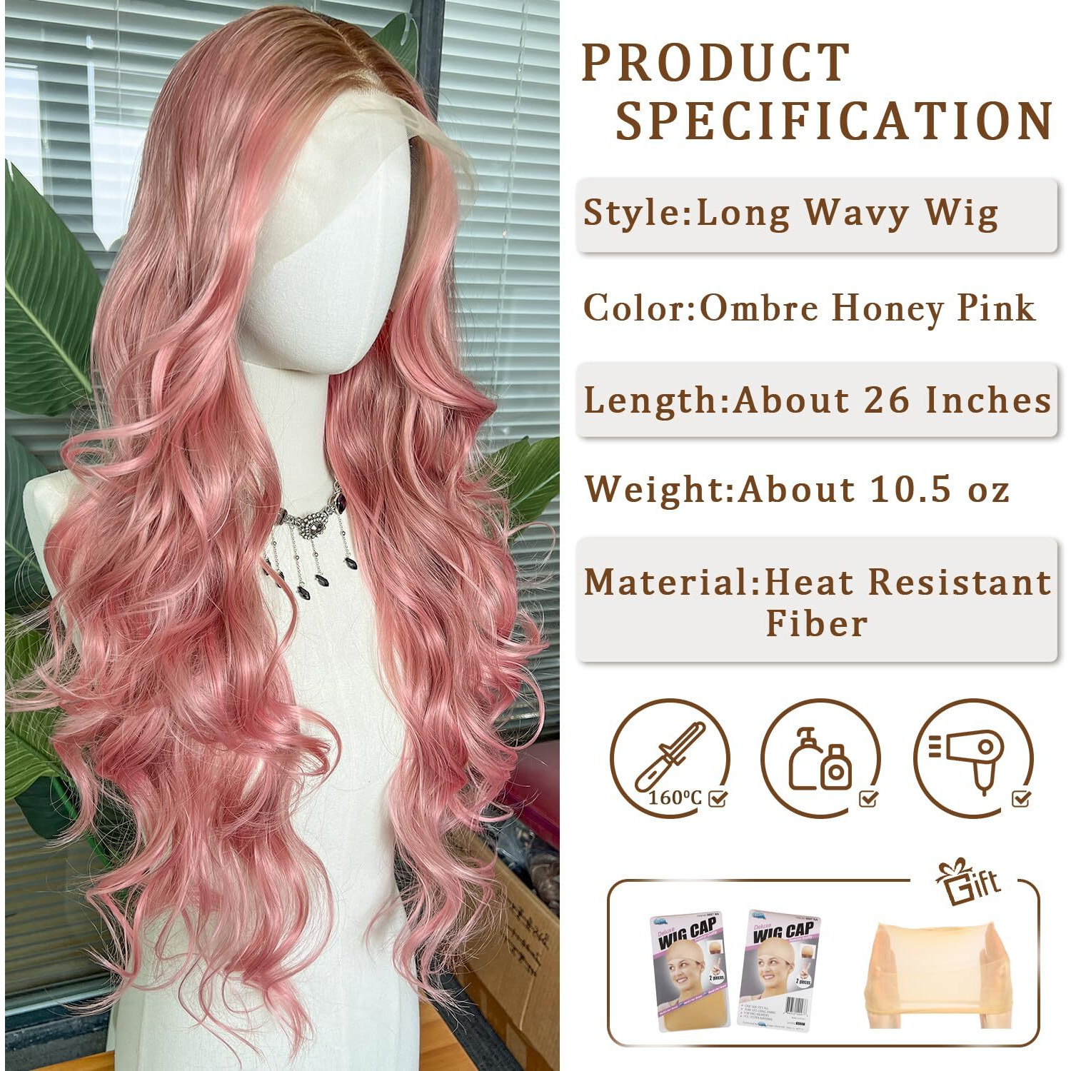 Sapphirewigs Pink Lace Front Wigs 13X4 Synthetic Lace Front Wigs Long Body Wave Ombre Honey Pink Heat Resistant Fiber Hair Pre-Plucked Hairline Cosplay Daily Wig 26 Inch