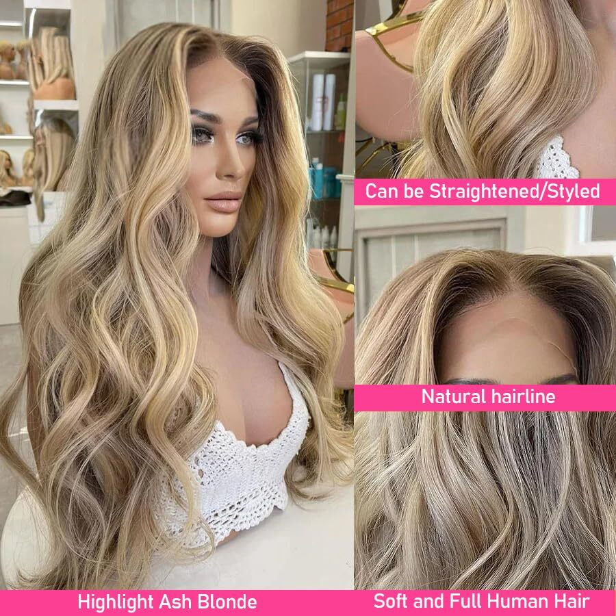 220% Density Balayage Highlight Wig Ash Blonde Lace Front Wigs Human Hair Body Wave Ombre Human Hair 13X4 Skinliked Uhd Transparent Lace Wigs Handmade 613 Colored With Baby Hair For Women 24Inch