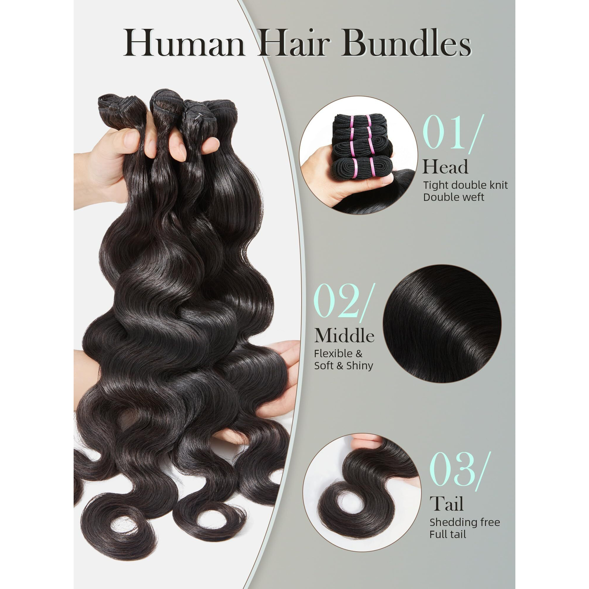 Body Wave Bundles Human Hair Human Hair Extensions Natural Brazilian Virgin Unprocessed Human Hair 4 Bundles Black Color 20 22 24 26 Inch