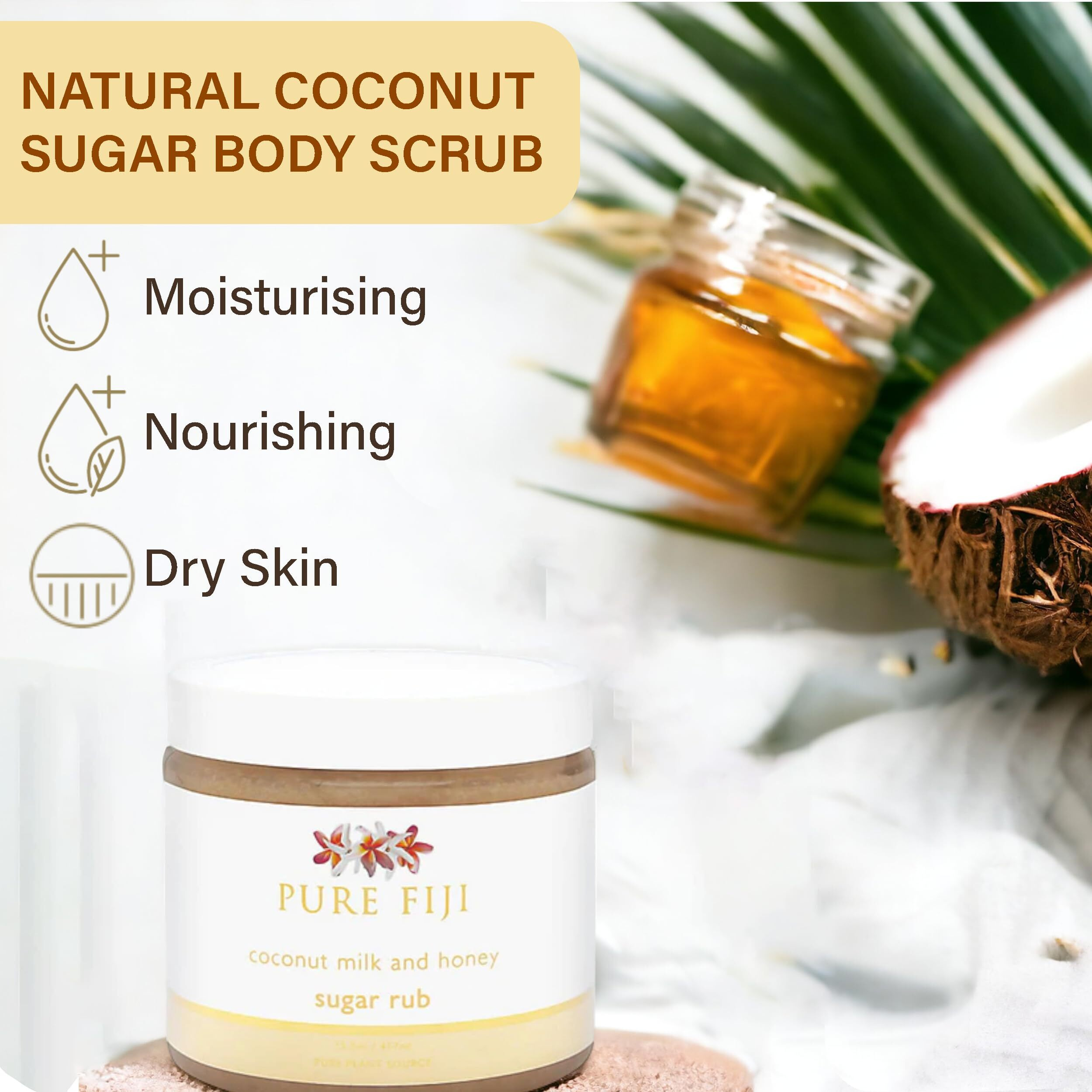 Pure Fiji Coconut Sugar Body Scrub - Body Exfoliator Scrub Natural Origin For Smooths And Softens Skin - Organic Exfoliating Sugar Scrub For Body, Coconut Milk And Honey, 15.5 Oz