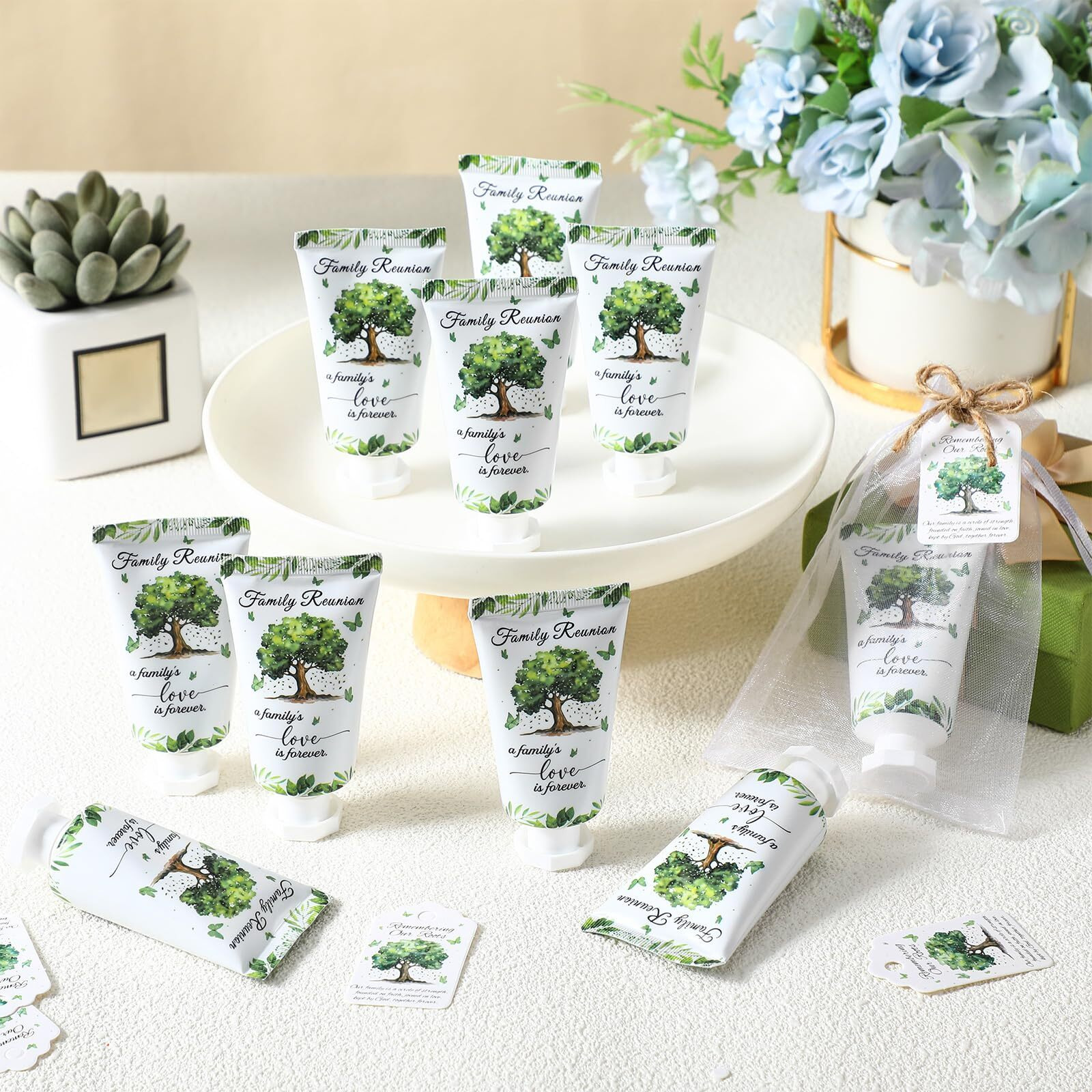 Dansib 40 Sets Family Reunion Favors Hand Lotion Cream Gifts Bulk Family Reunion Game Decorations With Card Organza Bags For Table Centerpieces Party Decor