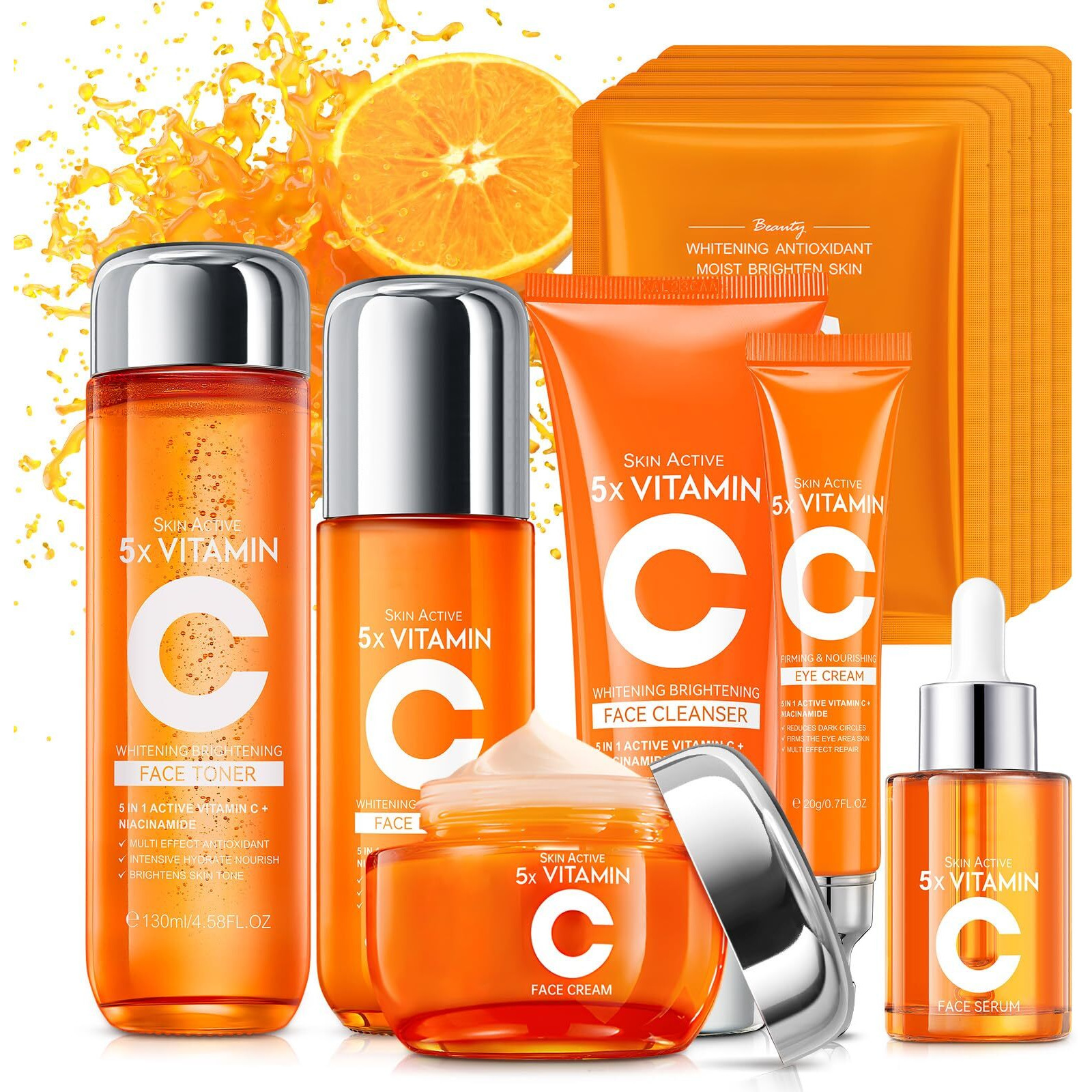 Vitamin C Skincare Set For Teenage Girls & Women, 11-Piece Glow Kit With Facial Cleanser, Toner, Eye Cream, Serum, Lotion, Face Cream & Sheet Masks, Anti-Aging Skin Care Kit For Firming & Moisturizing