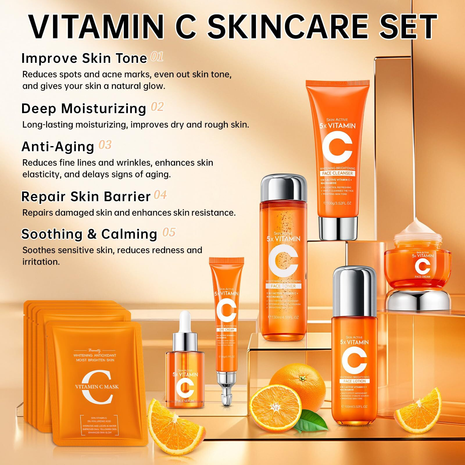 Vitamin C Skincare Set For Teenage Girls & Women, 11-Piece Glow Kit With Facial Cleanser, Toner, Eye Cream, Serum, Lotion, Face Cream & Sheet Masks, Anti-Aging Skin Care Kit For Firming & Moisturizing