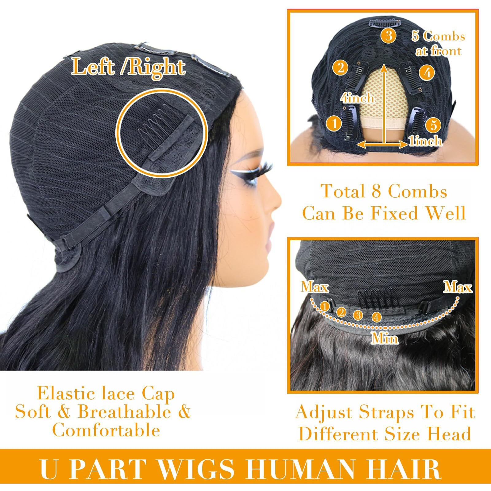 Glowig U Part Human Hair Wig Body Wave For Women Brazilian Remy Upart Human Hair Wig Beginner Friendly No Sew In No Glue 180% Density Natural Color 16Inch