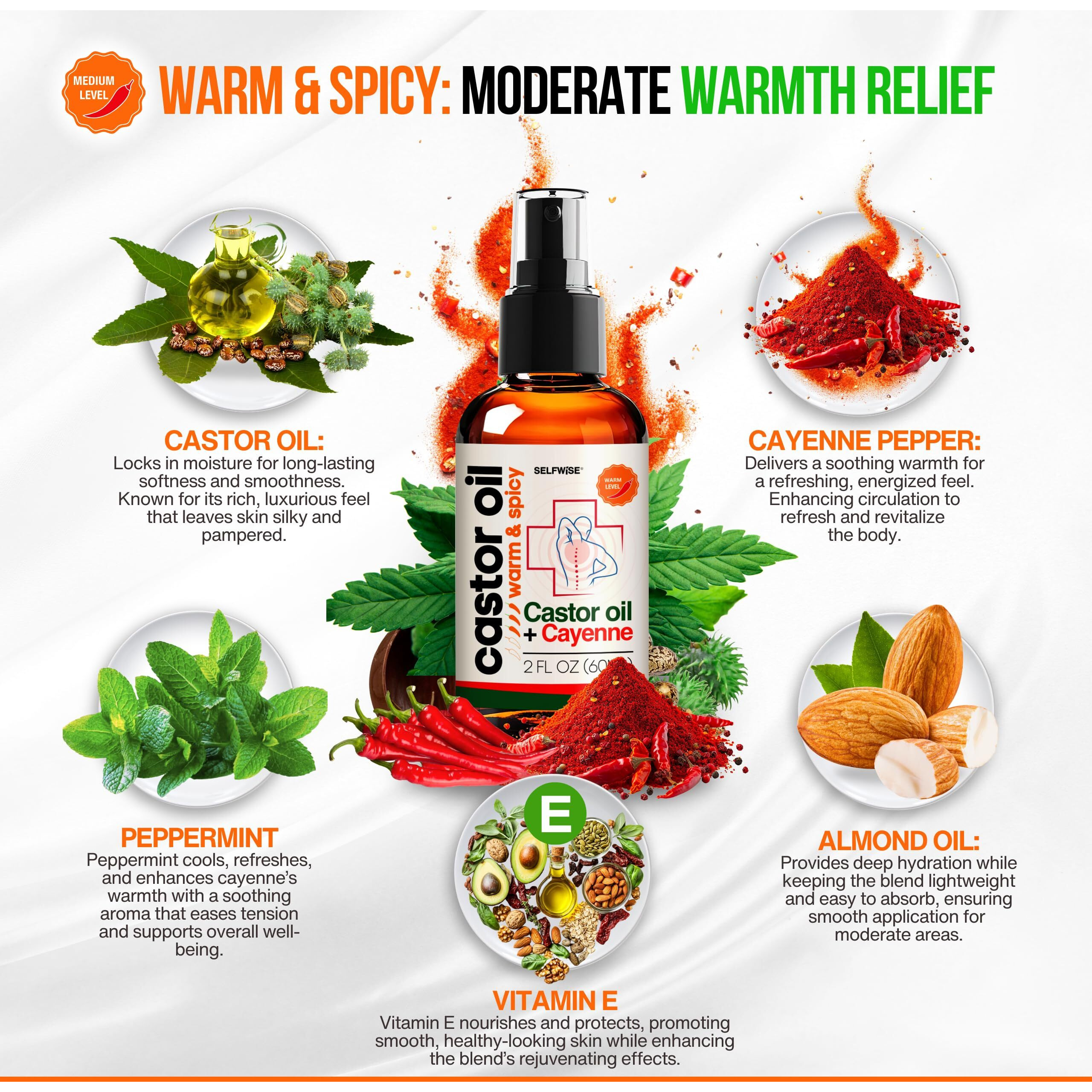 Selfwise Organic Castor + Cayenne Joint & Body Oil - Warm & Spicy - Moderate Heat For Knees, Elbows, Shoulders & Post-Activity Recovery 2Oz