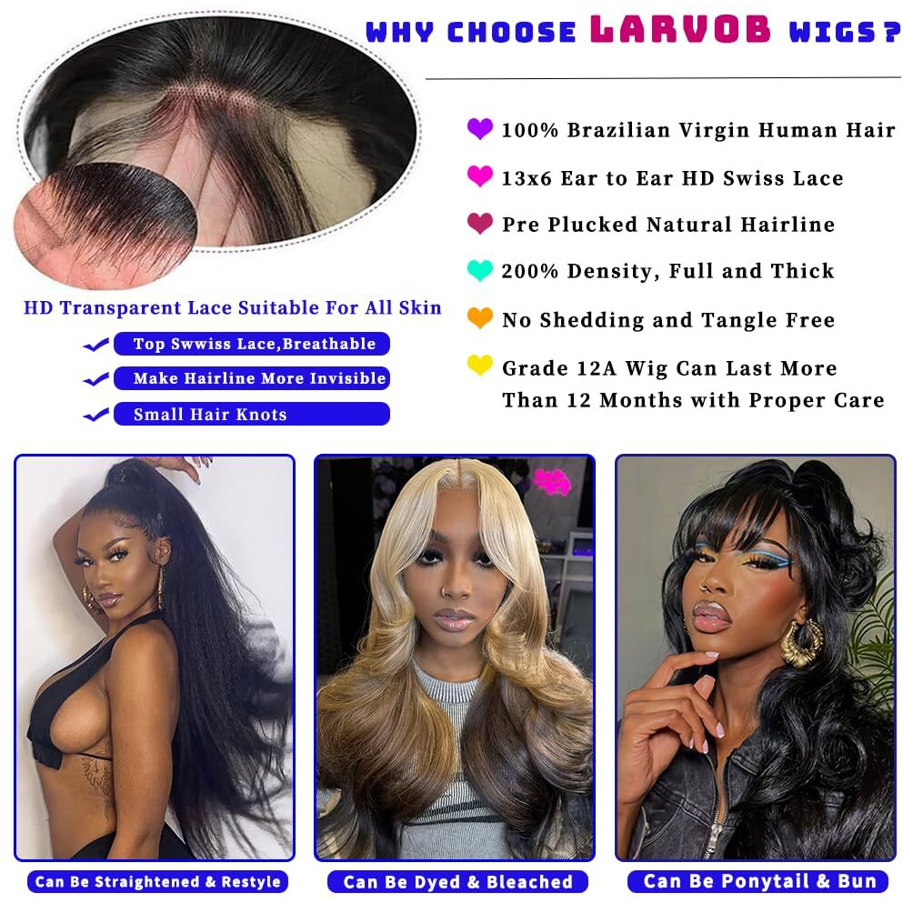 Larvob 13X6 Hd Lace Front Wigs Human Hair 200 Density Body Wave Lace Frontal Wigs Human Hair Pre Plucked With Baby Hair 13X6 Glueless Wig Natural Hairline 28 Inch
