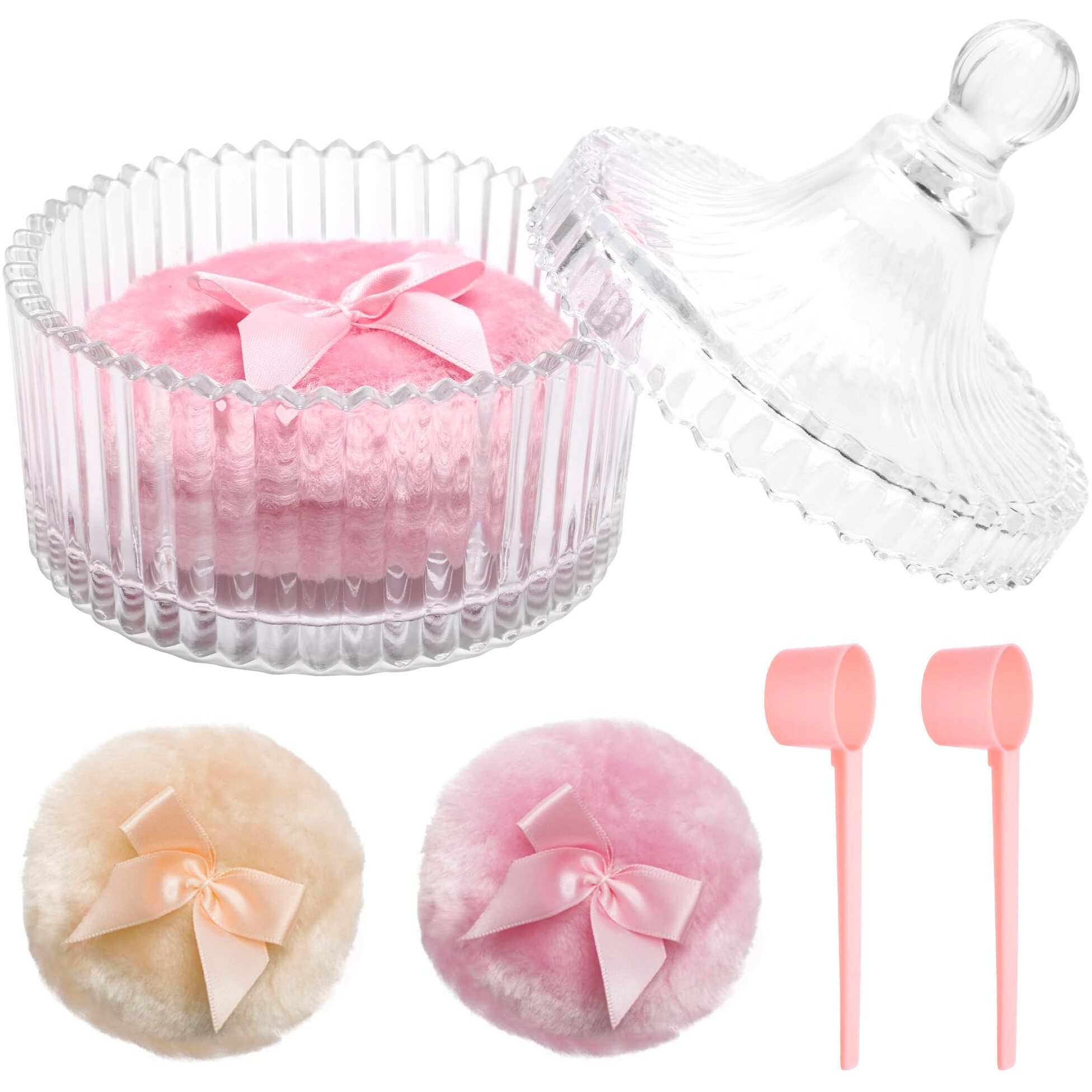 5Pcs Body Powder Puff And Container, Coolrunner Crystal Clear Powder Container With Powder Spoon, Dusting Powder With Puff For Women, Washable Reusable