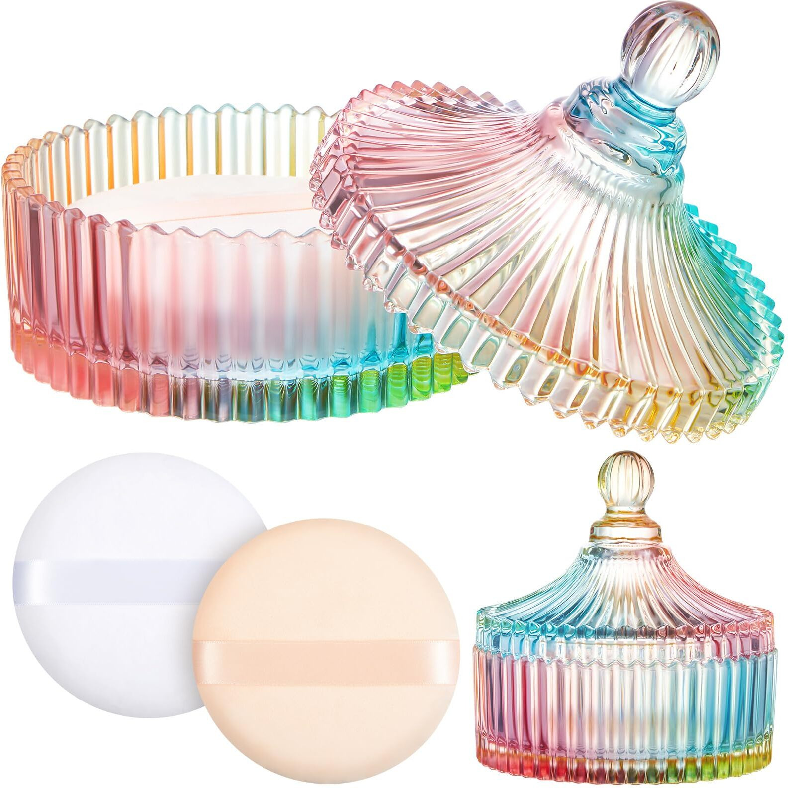 Tioncy 3 Pcs Extra Large Body Powder Puff And Container 5.43'' Glass Body Container With 5.12'' Powder Puff Glass Jar For Women's Talcum(Coloured Glaze)