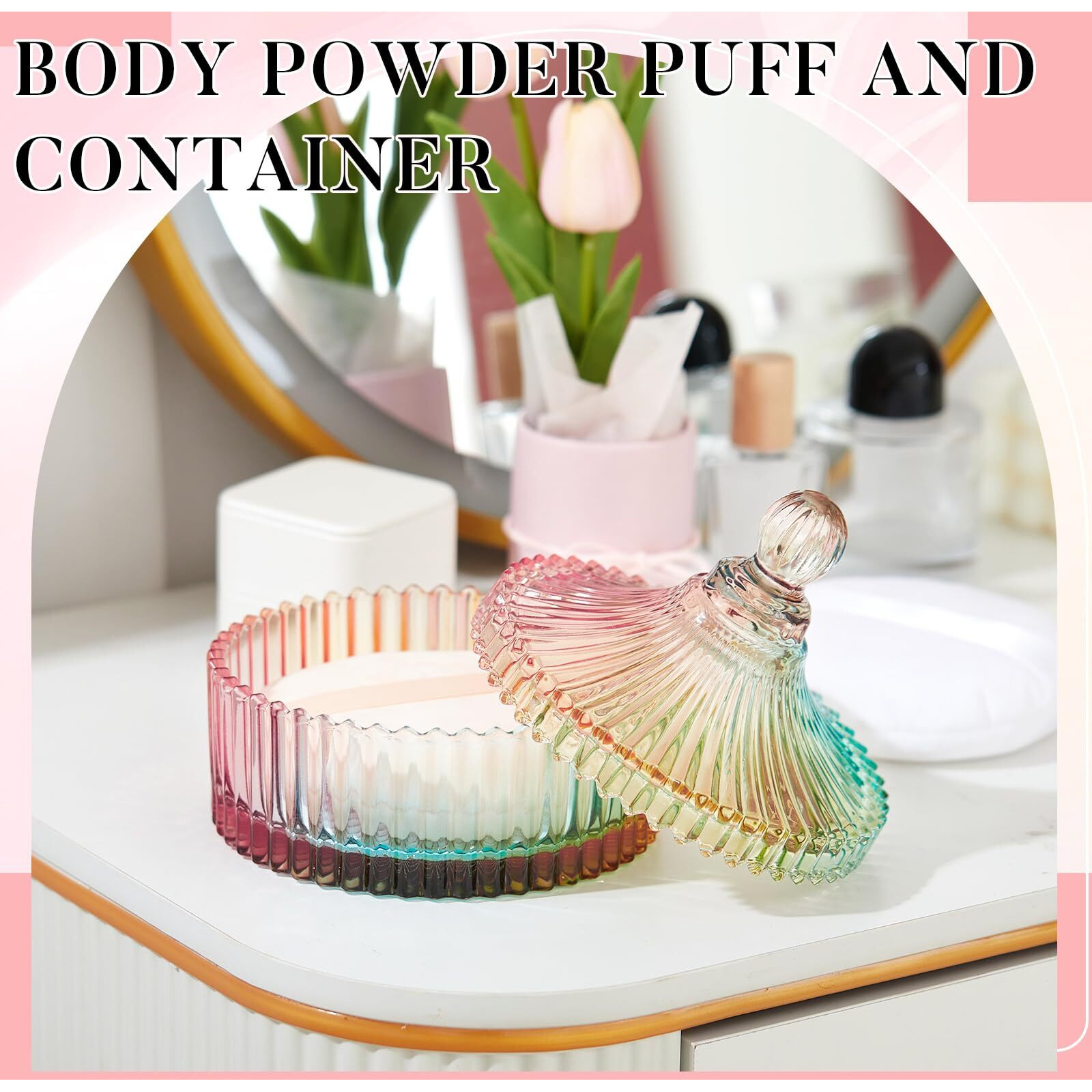 Tioncy 3 Pcs Extra Large Body Powder Puff And Container 5.43'' Glass Body Container With 5.12'' Powder Puff Glass Jar For Women's Talcum(Coloured Glaze)