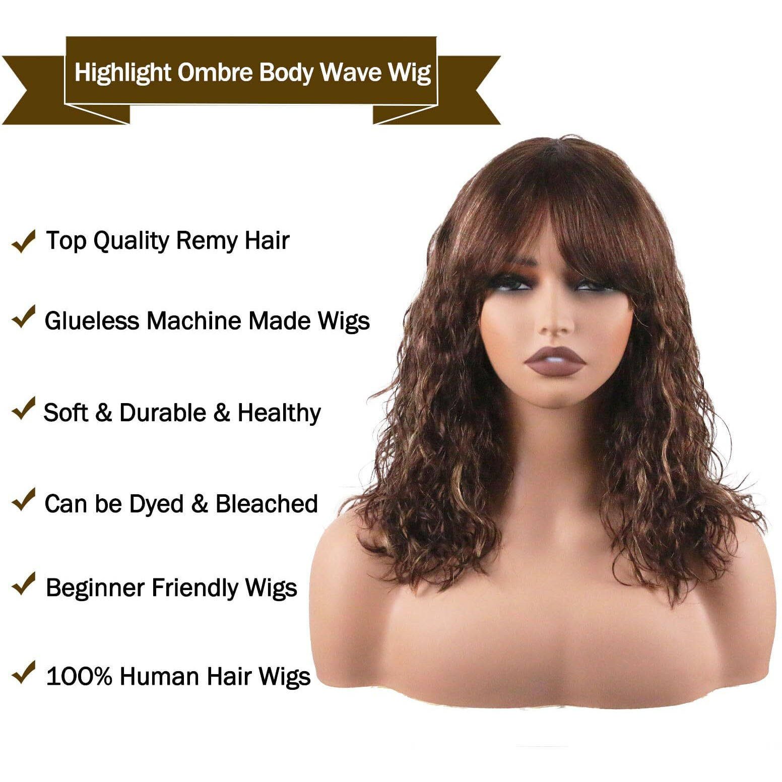Manemajesty Body Wave Wigs With Bangs Human Hair Wig For Black Women Ombre None Lace Wear And Go Glueless Wig 180% Density Balayaga Highlight Brazilian Virgin Human Hair Wigs(16 Inch Fs4/27)