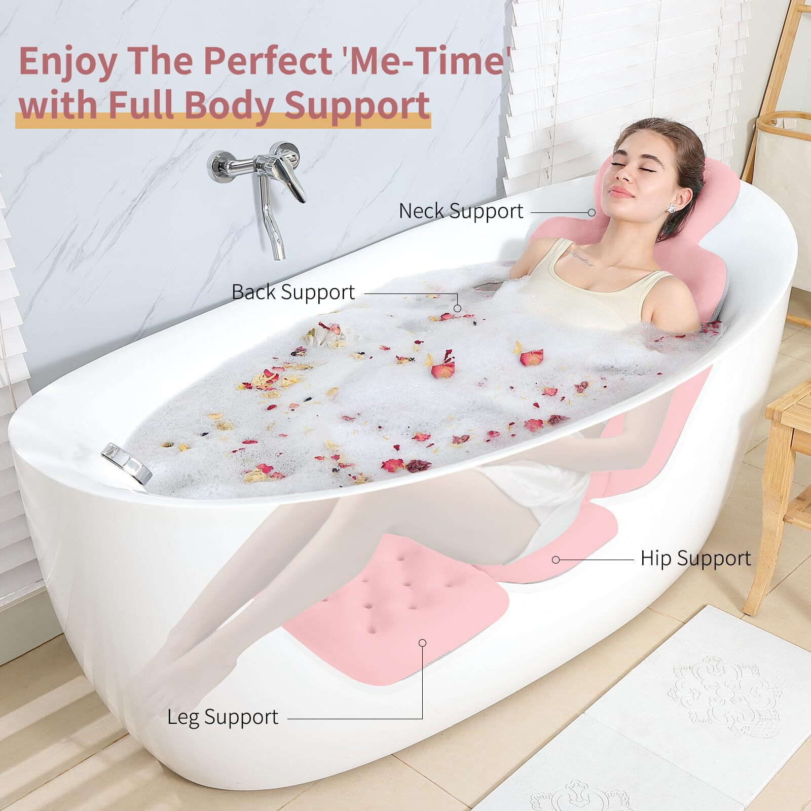 Bath Cushion, Full Body Bathtub Pillow With 160 Suction Cups, Bath Mat For Head And Neck Support, With Laundry Bag (Light Pink, 56.2"" X 16.2"")