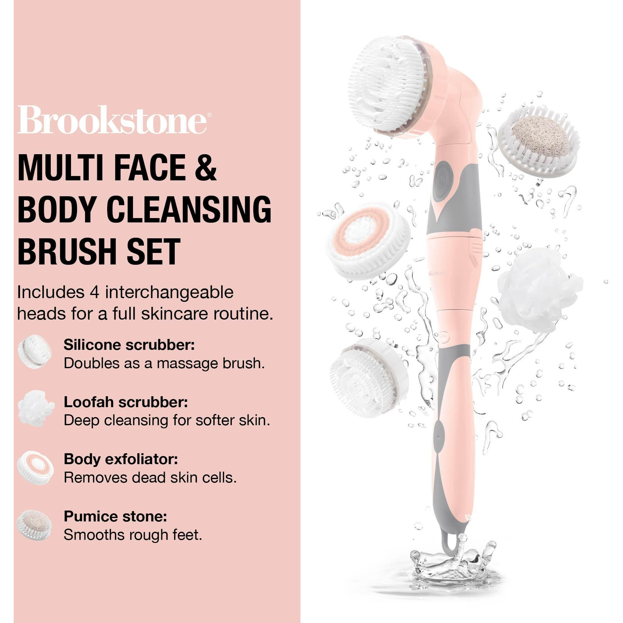 Brookstone Multi Face And Body Cleansing Brush Set | 4 Interchangeable Brush Heads | Rotating Technology For Deep Cleansing | Waterproof Design | Pink/Gray