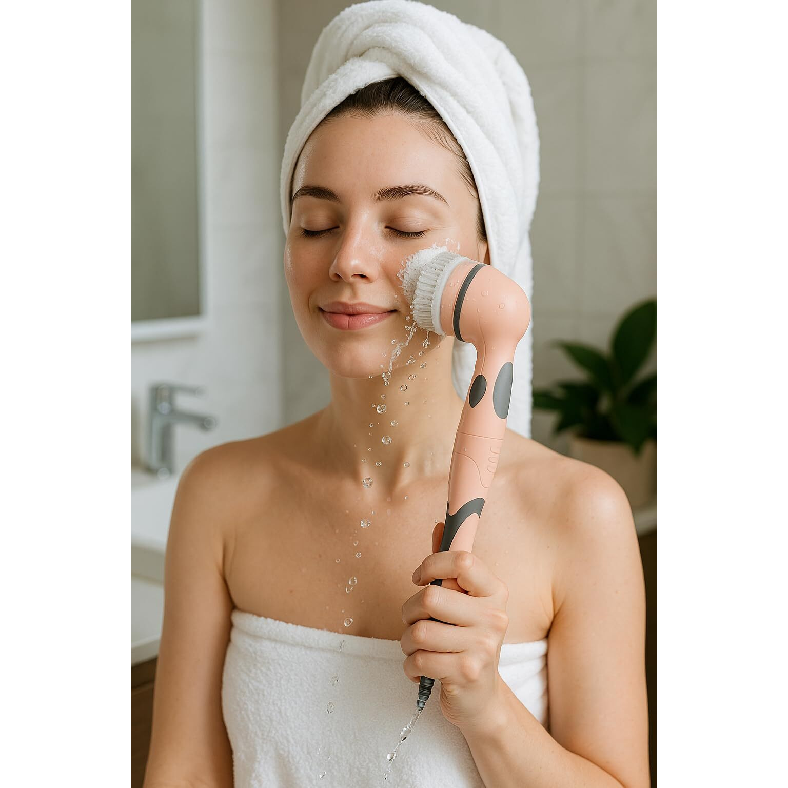 Brookstone Multi Face And Body Cleansing Brush Set | 4 Interchangeable Brush Heads | Rotating Technology For Deep Cleansing | Waterproof Design | Pink/Gray