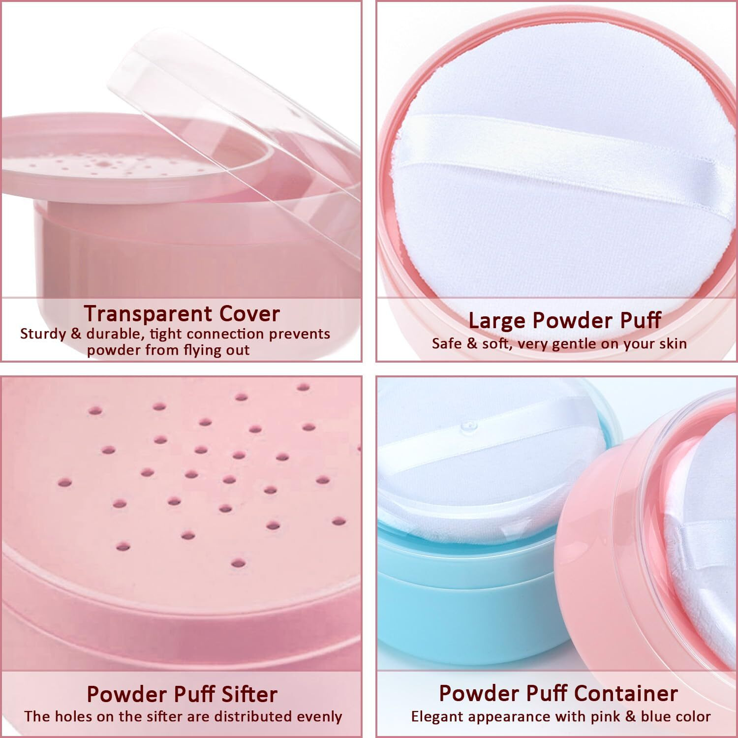 Asunfo 2 Pcs Large Body Powder Puff And Container With Sifter Baby After-Bath Empty Powder Puffs Case Talcum Powder Box For Women Beach Travel Home Pink & Blue