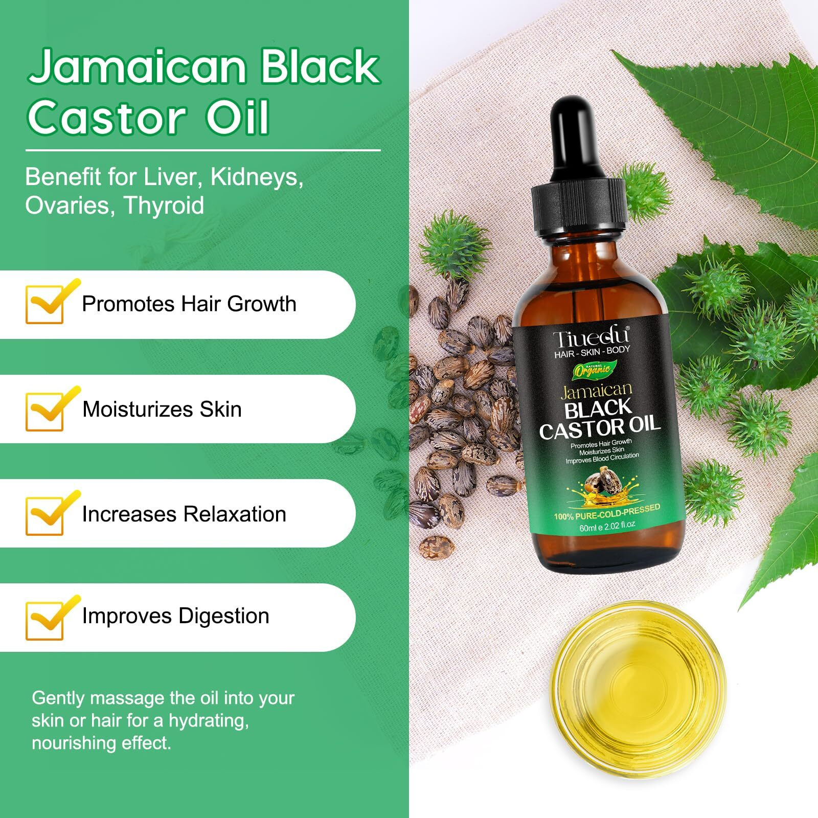 Tiuedu Jamaican Black Castor Oil For Hair Growth,Thicker Eyelashes & Eyebrows,Castor Oil For Hair,Face,Body & Skin,100% Pure Cold Pressed Black Castor Oil,Hair Nourishing Oil,Massage Oils