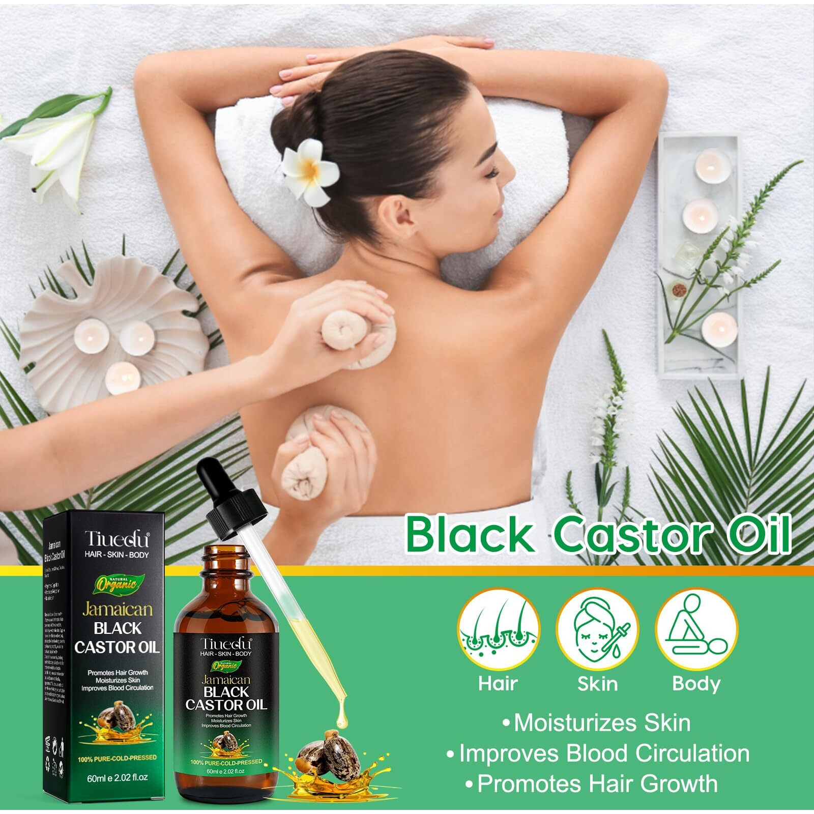 Tiuedu Jamaican Black Castor Oil For Hair Growth,Thicker Eyelashes & Eyebrows,Castor Oil For Hair,Face,Body & Skin,100% Pure Cold Pressed Black Castor Oil,Hair Nourishing Oil,Massage Oils