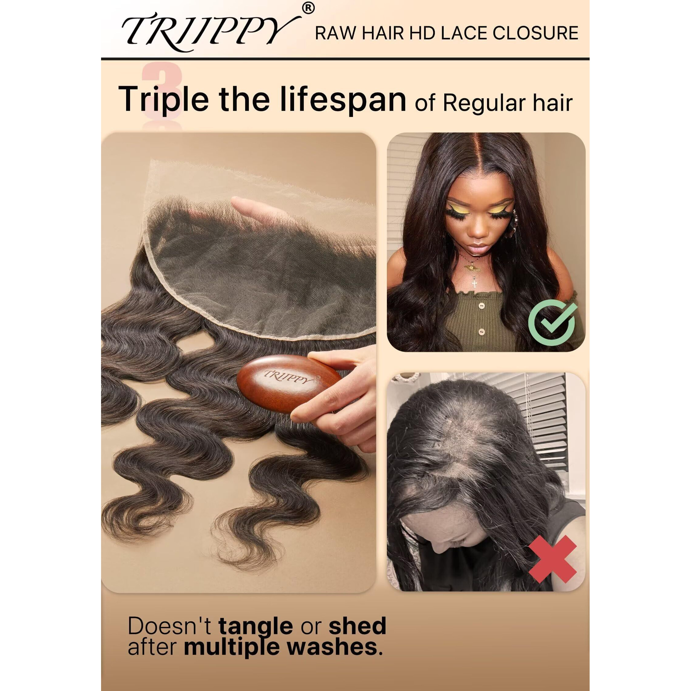 Triippy Real 13X4 Body Wave Hd Lace Frontal Ultra-Thin With Raw Human Hair Hd Lace Pre Plucked With Baby Hair 0.14Mm Hd Lace With Invisible Knots,Body Wave Raw Human Hair 14 Inches