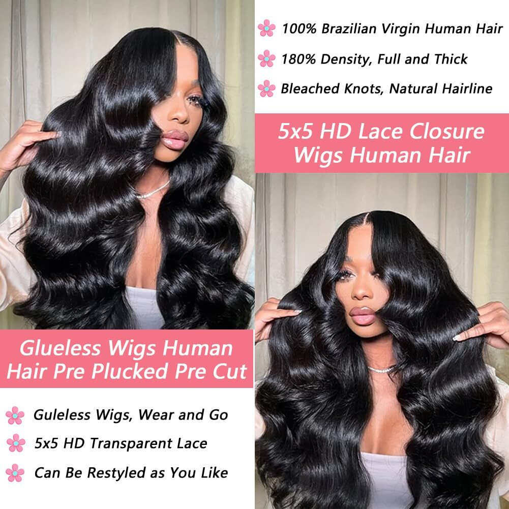 Wzowzo Glueless Wigs Human Hair Pre Plucked Pre Cut 5X5 Hd Lace Closure Wigs Human Hair 180% Density Wear And Go Body Wave Lace Front Wigs Human Hair For Women 28 Inch