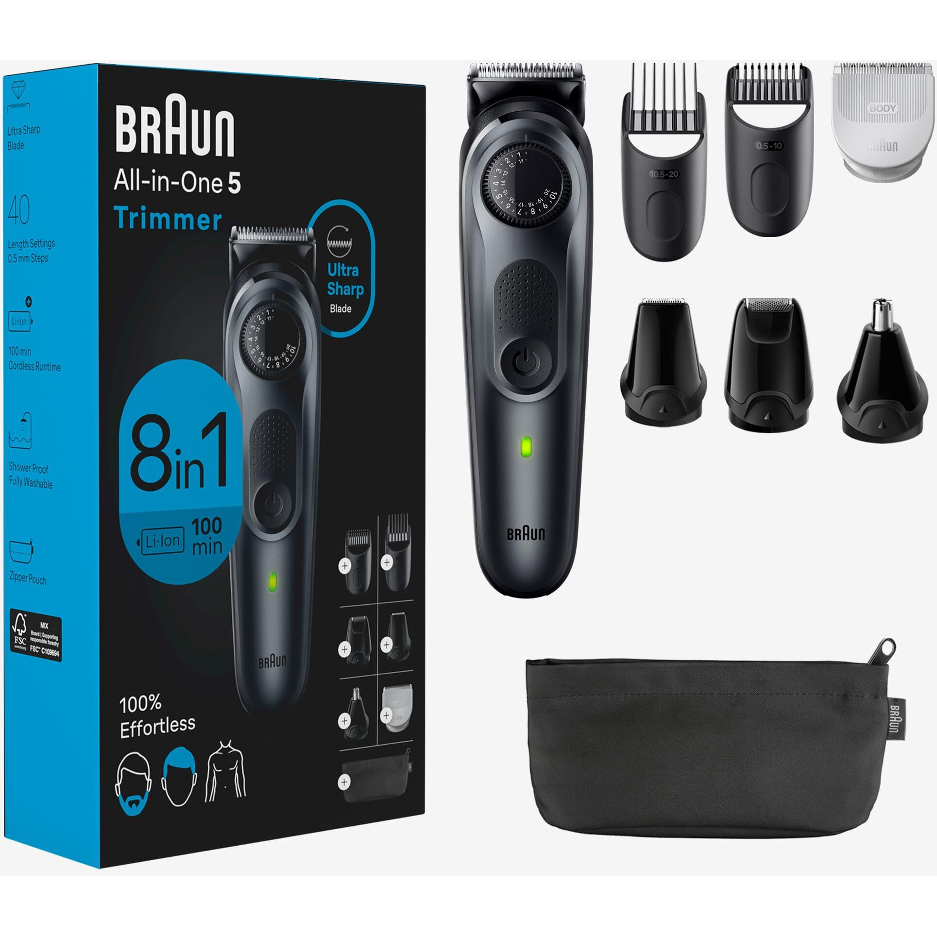 Braun All-In-One Style Kit Series 5 5480, 8-In-1 Trimmer For Men With Beard Trimmer, Body Trimmer For Manscaping, Hair Clippers & More, Ultra-Sharp Blade, 40 Length Settings, Waterproof