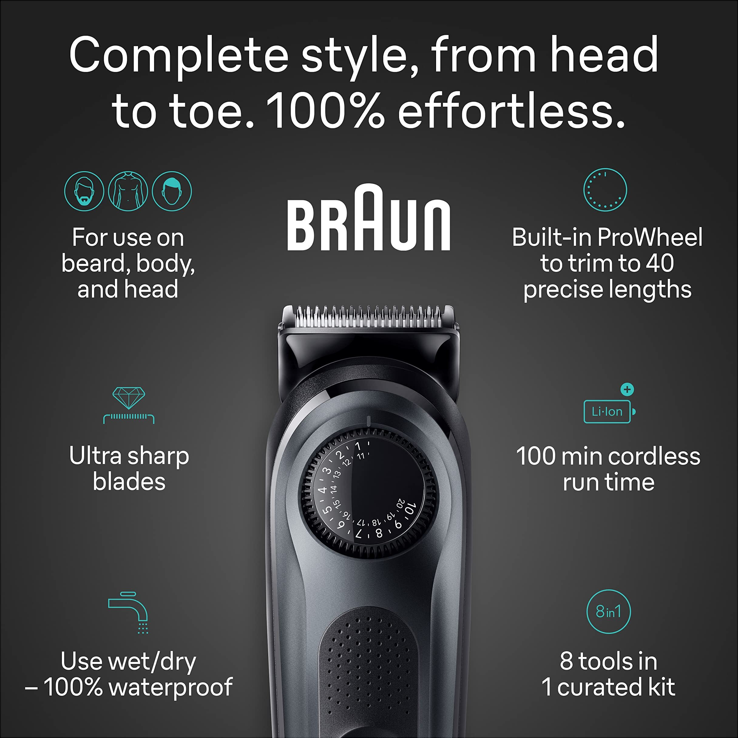 Braun All-In-One Style Kit Series 5 5480, 8-In-1 Trimmer For Men With Beard Trimmer, Body Trimmer For Manscaping, Hair Clippers & More, Ultra-Sharp Blade, 40 Length Settings, Waterproof