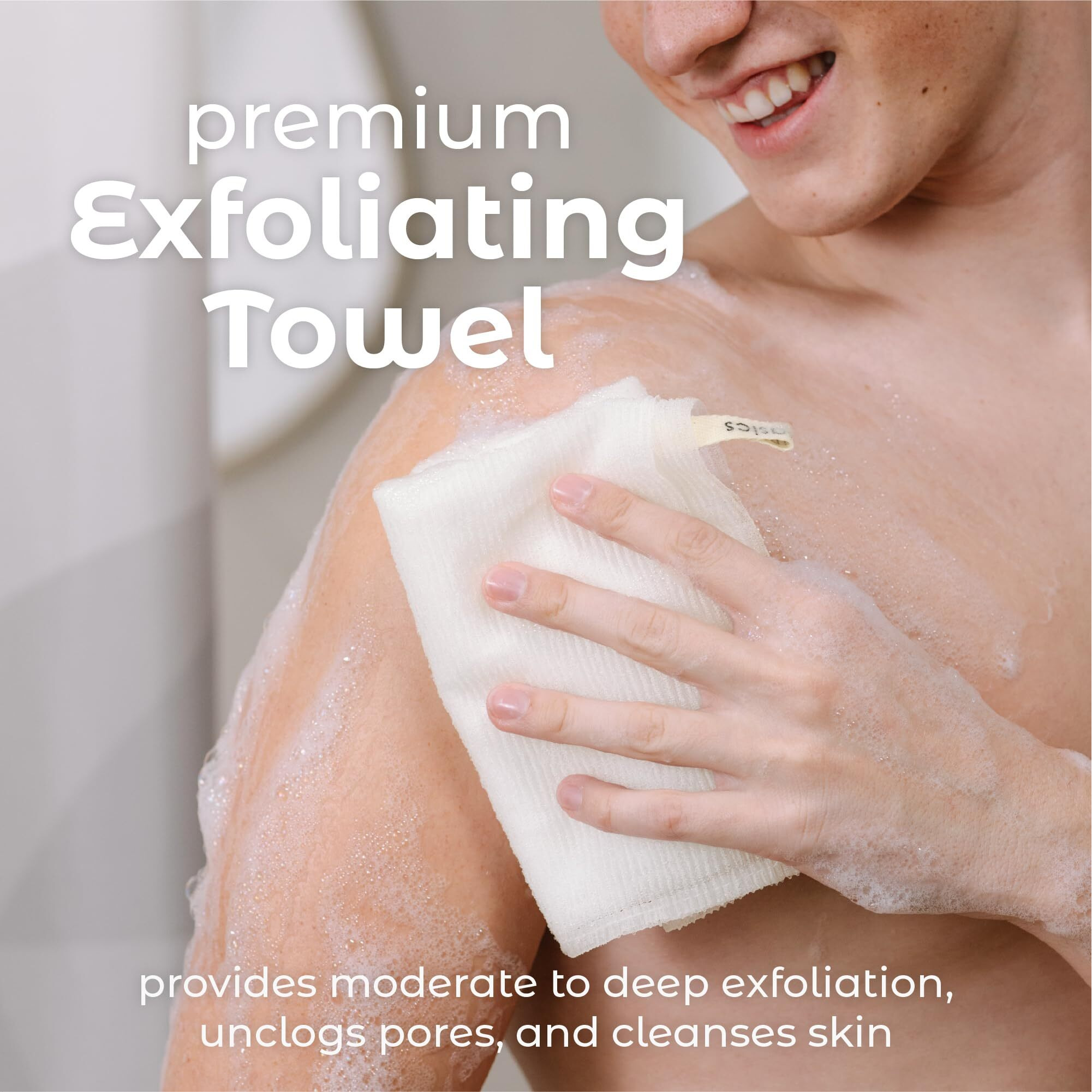Mainbasics Exfoliating Shower Towel - Japanese Nylon Bath Towel And Body Washcloth, Quick-Dry, Durable, Deep Exfoliation (Set Of 3, Airy Blossom)