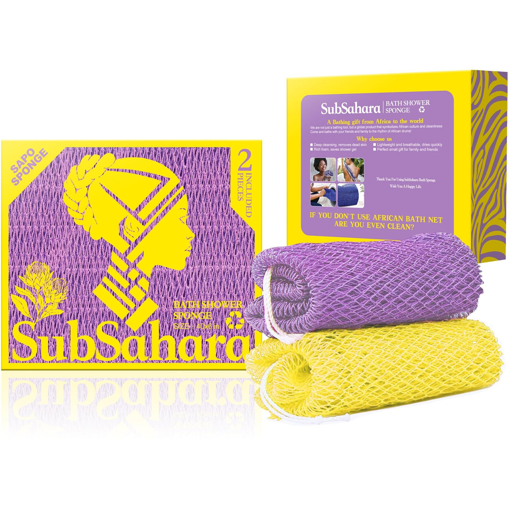 Subsahara Authentic African Net Sponge - 2 Pieces Exfoliating Scrubber For All Skin Types, Bath Sponge For Face & Body, Travel Portable, Durable, Gentle Exfoliation (Lavender Purple & Bright Yellow)