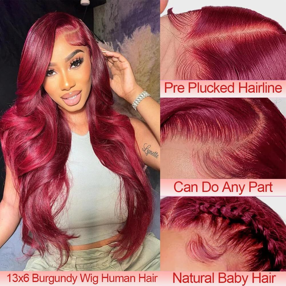 Yingrun 32 Inch 13X6 Body Wave Lace Front Wigs Human Hair Burgundy Wig Human Hair With Baby Hair Around 200% Density Wig Pre Plucked 100% Unprocessed Brazilian Virgin Hair For Women