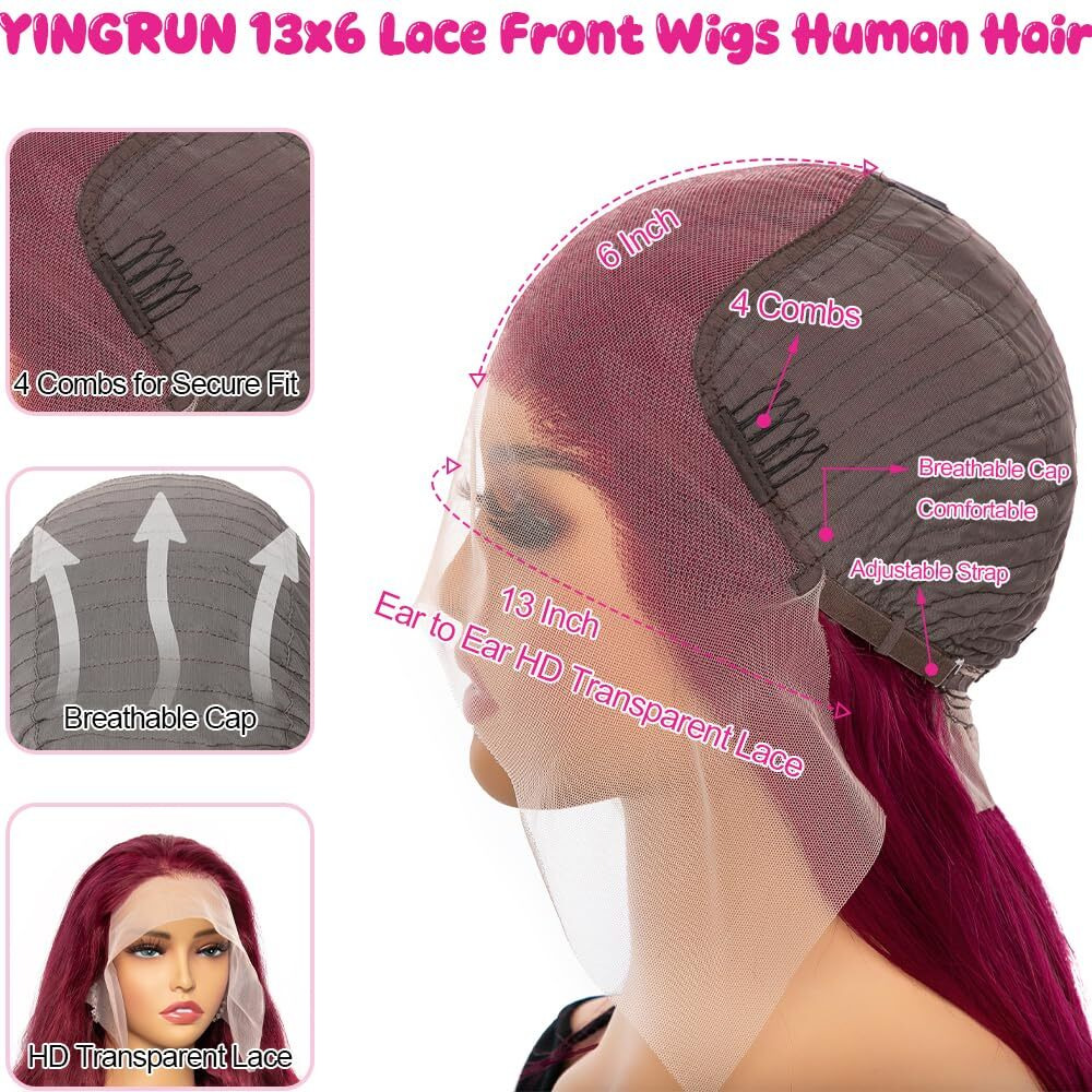 Yingrun 32 Inch 13X6 Body Wave Lace Front Wigs Human Hair Burgundy Wig Human Hair With Baby Hair Around 200% Density Wig Pre Plucked 100% Unprocessed Brazilian Virgin Hair For Women