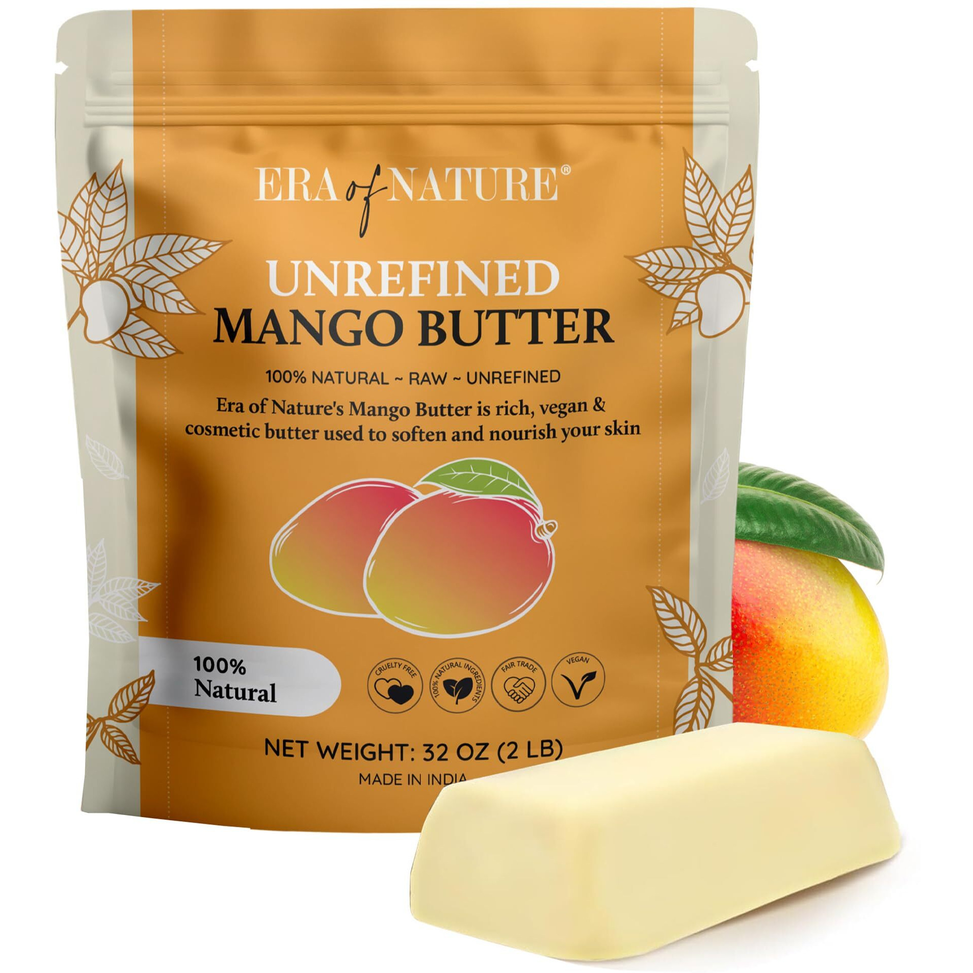 Era Of Nature Organic Unrefined Raw Mango Body Butter Block 32Oz - Moisturizing Mango Seed Raw Butter Bar For Skin & Hair, Diy Lip Balm Base, Cream, Soap & Lotion Making Supplies, Personal Skincare