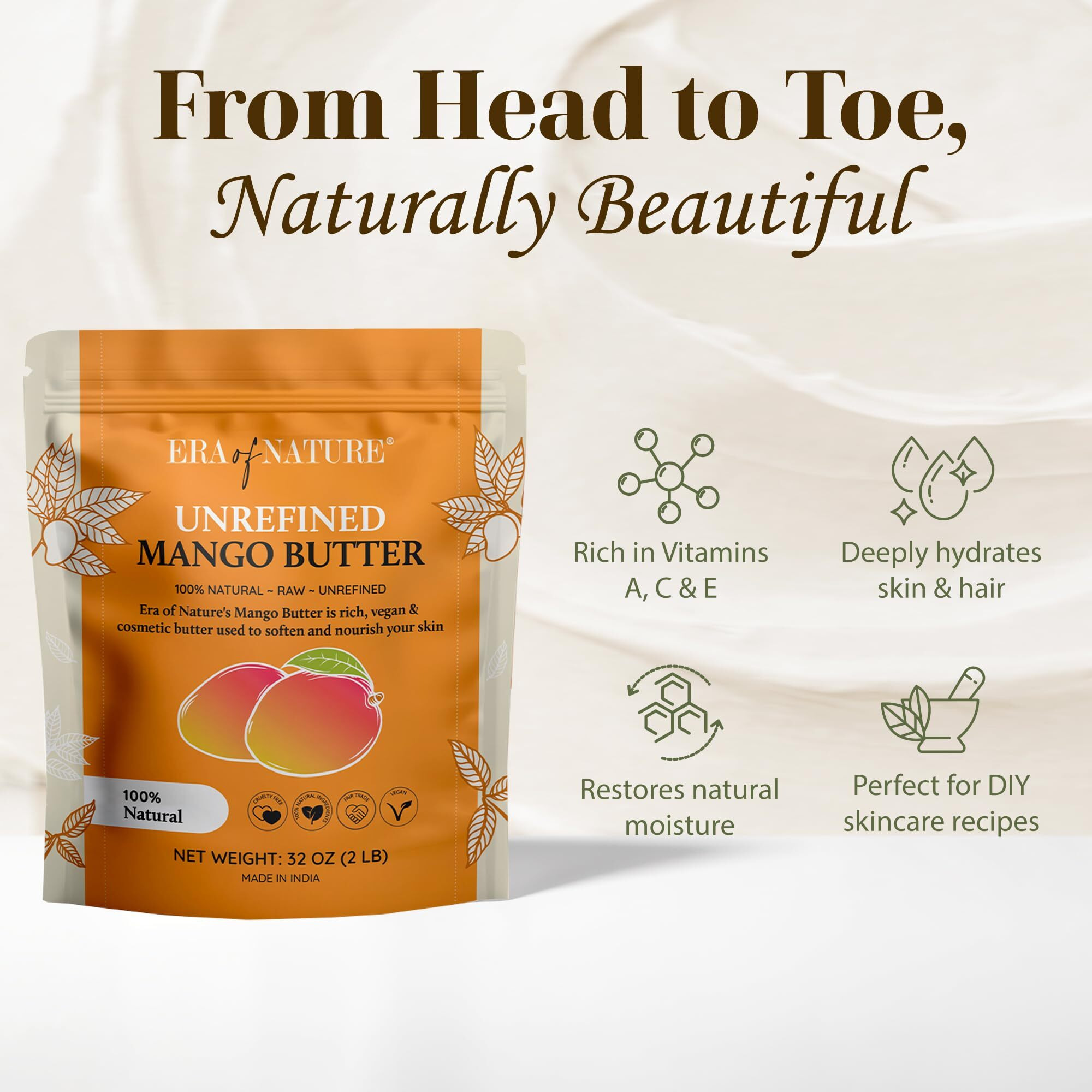 Era Of Nature Organic Unrefined Raw Mango Body Butter Block 32Oz - Moisturizing Mango Seed Raw Butter Bar For Skin & Hair, Diy Lip Balm Base, Cream, Soap & Lotion Making Supplies, Personal Skincare