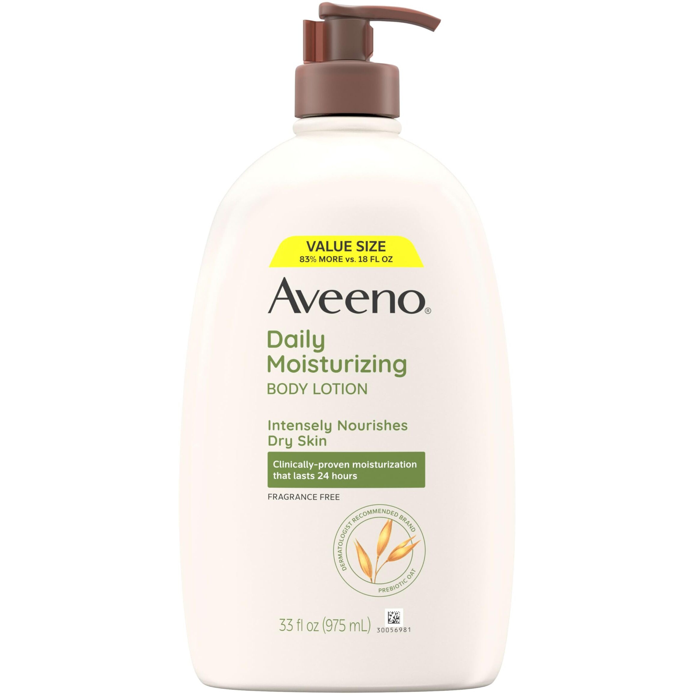 Aveeno Daily Moisturizing Body Lotion With Soothing Prebiotic Oat, Gentle Lotion Nourishes Dry Skin, Paraben-, Dye- & Fragrance-Free, Non-Greasy & Non-Comedogenic, Value Size, 33 Fl. Oz