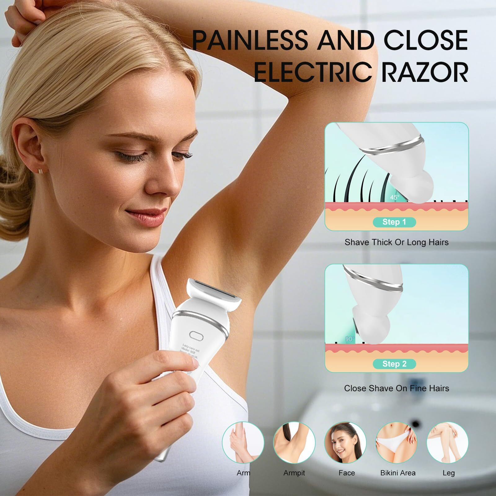 Zesuti Epilators Hair Removal For Women-2 In 1 Eletctric Razors For Women,Dual Head Bikini Trimmer For Pubic Hair/Lady Facial Razor,Cordless Epilator Body Shaver For Smooth Wet/Dry Shaving,Led Light