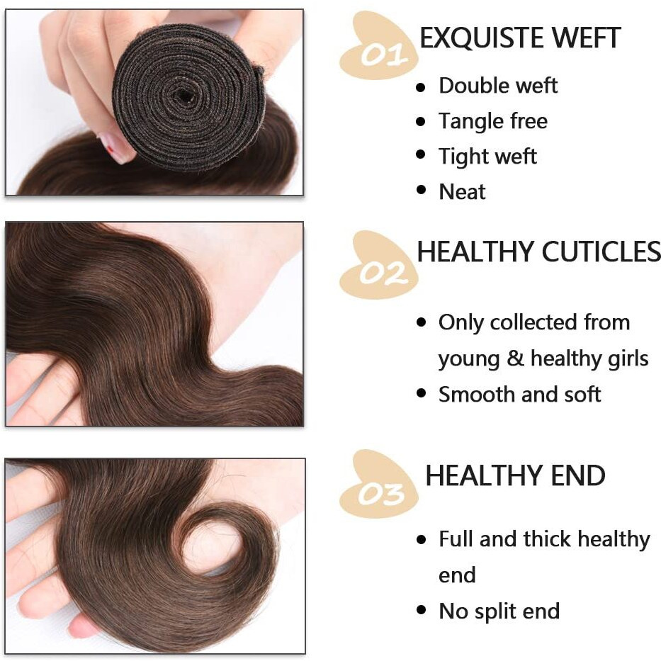 4 Brown Bundles Human Hair Body Wave Human Hair Bundles 20 22 24 Inch Brazilian Hair 3 Bundle Chocolate Unprocessed Virgin Remy Hair Extensions 50 Gram Per Bundle