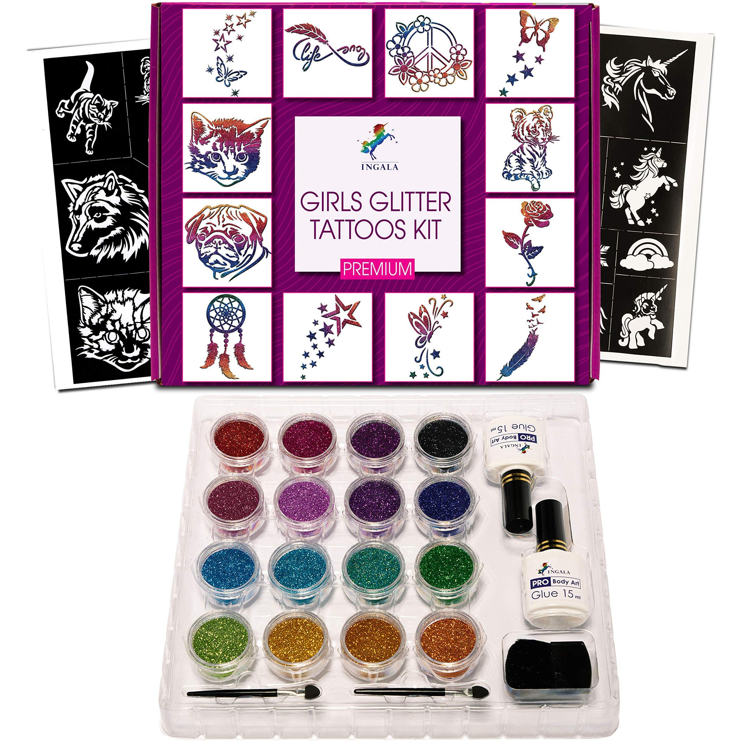 Premium Glitter Temporary Tattoo Kit For Girls, 74 Stencils, 16 Colors And 2X 0.5 Fl.Oz Body Glue For Body Glitter Fake Tattoos For Kids Makeup Tattoo Supplies Party Favors Party Supplies For Girls