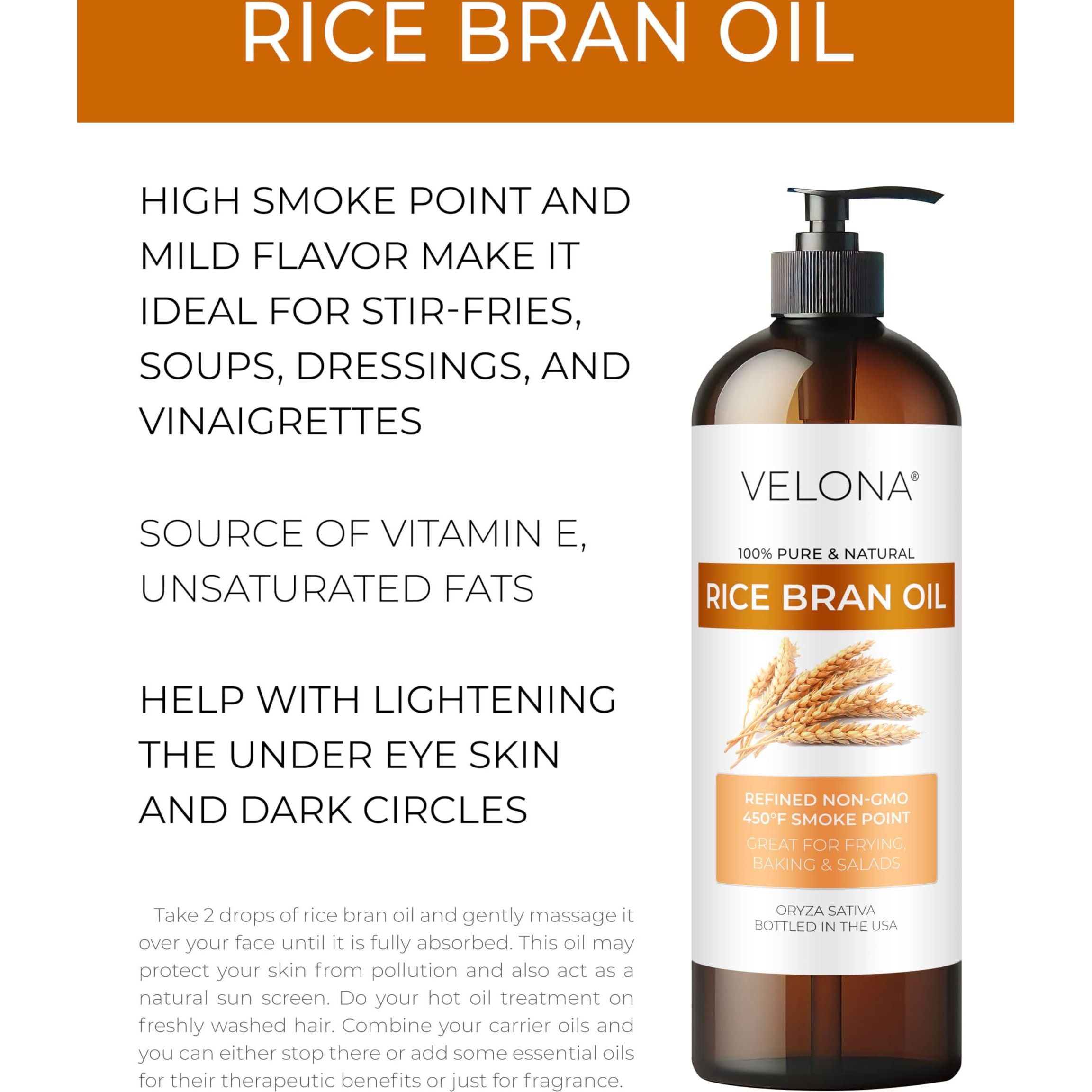 Velona Rice Bran Oil 16 Fl Oz | 100% Pure And Natural Carrier Oil | Refined, Cold Pressed | Cooking, Face, Hair, Body & Skin Care | Use Today - Enjoy Results