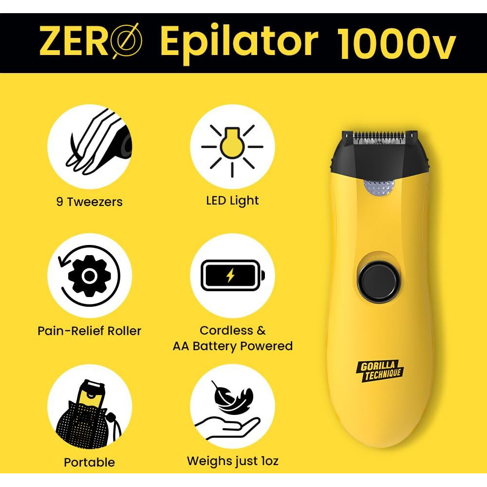Gorilla Technique Mini Epilator 1000V, Pain Relief Roller, Facial & Body Hair Removal Device, Electric Tweezers For Women & Men, Specialized For Narrow And Sensitive Area, Black & Yellow - 1000V