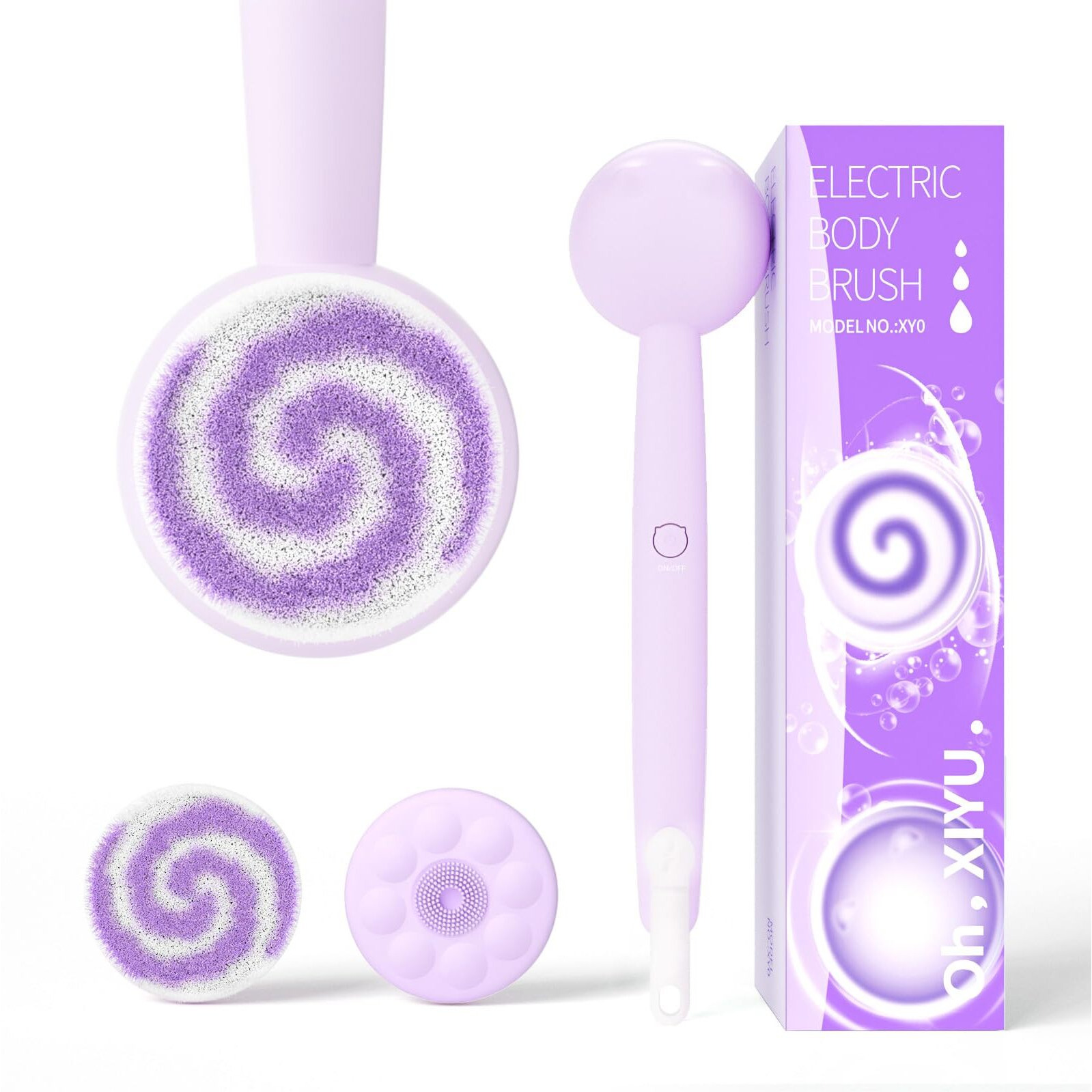 Oh,Xiyu. Electric Back Scrubber For Shower Body Brush, Waterproof Automatic Body Scrubber For Cleansing, Massaging And Exfoliating, Spinning Bath Brush With 2 Heads & 3 Speed Modes, Taro Purple