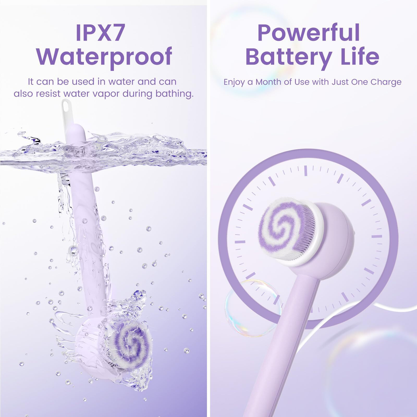 Oh,Xiyu. Electric Back Scrubber For Shower Body Brush, Waterproof Automatic Body Scrubber For Cleansing, Massaging And Exfoliating, Spinning Bath Brush With 2 Heads & 3 Speed Modes, Taro Purple