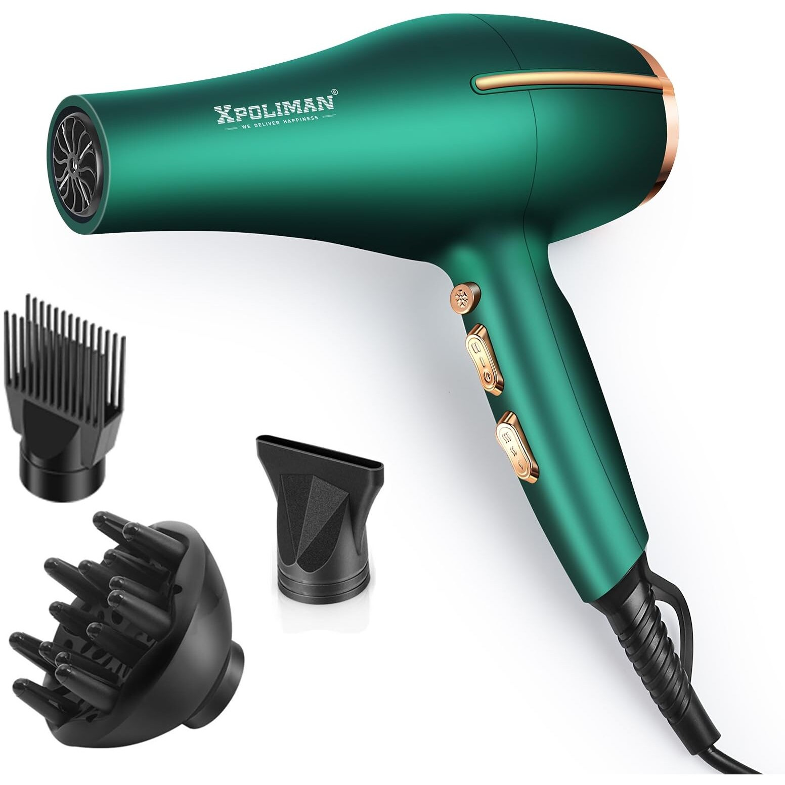 Pro Ionic Salon Hair Dryer,Xpoliman Blow Dryer,Powerful 2000 Watt With Ac Motor,Quick Drying Hairdryers Diffuser Fast Dryer Lightweight Best Soft Touch Body -Green & Gold