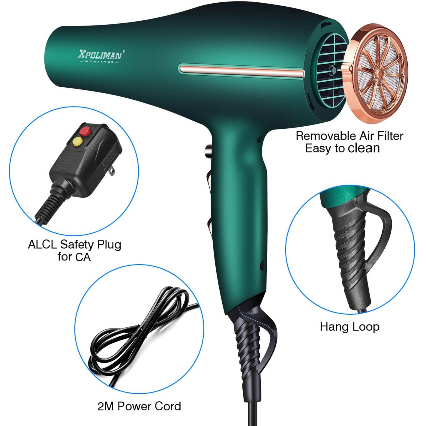 Pro Ionic Salon Hair Dryer,Xpoliman Blow Dryer,Powerful 2000 Watt With Ac Motor,Quick Drying Hairdryers Diffuser Fast Dryer Lightweight Best Soft Touch Body -Green & Gold
