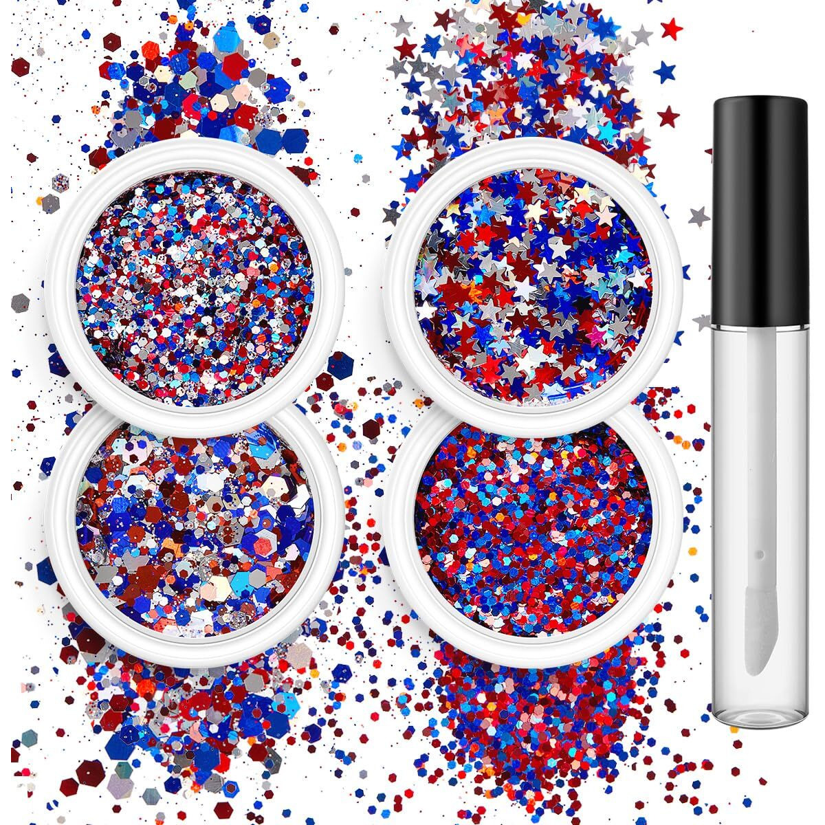 Red White And Blue Body Glitter Set - 4Th Of July Outfit Accessories For Women & Kids, Usa Flag Face Glitter With Glue, 4 Jars Holographic Chunky Patriotic Hair Glitter Sequins For Independence Day