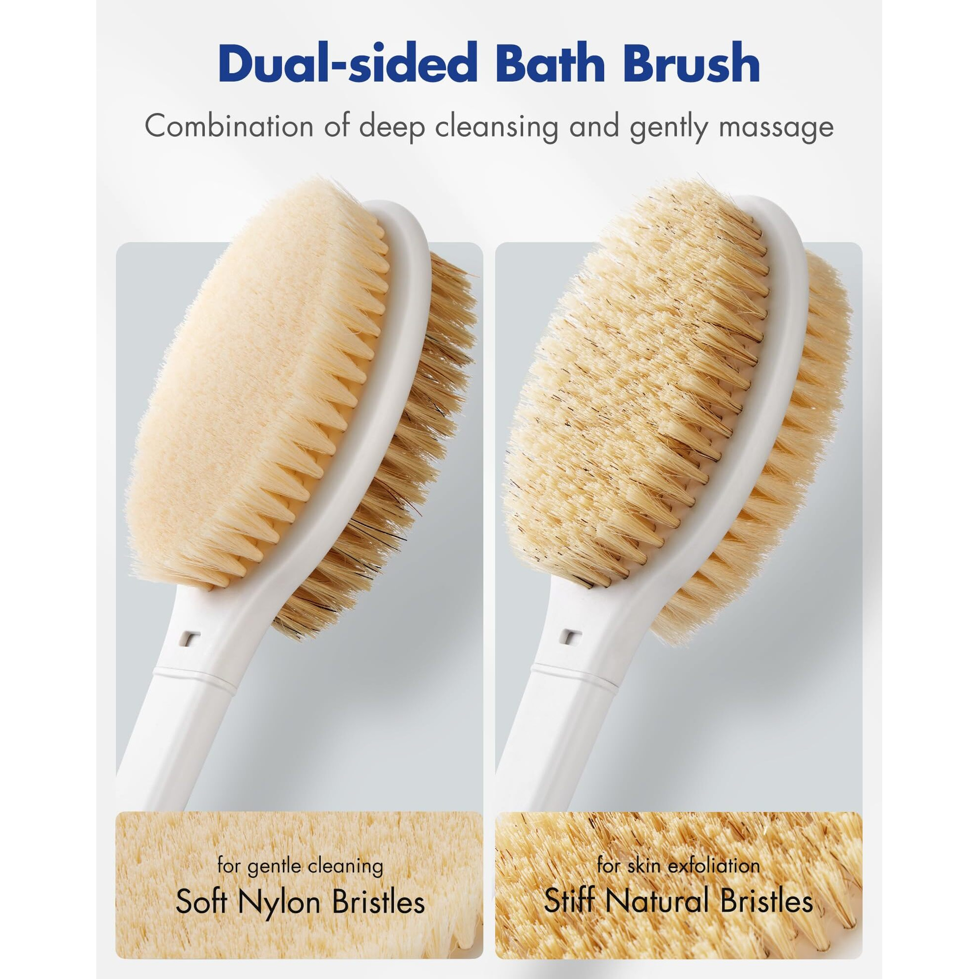 Back Scrubber Body Shower Brush 20.5 Extra Long Anti Slip Handle Bath Brush With Stiff And Soft Bristles - Showering Exfoliator Wet Or Dry Brushing For Women, Men, Elderly (Blue)