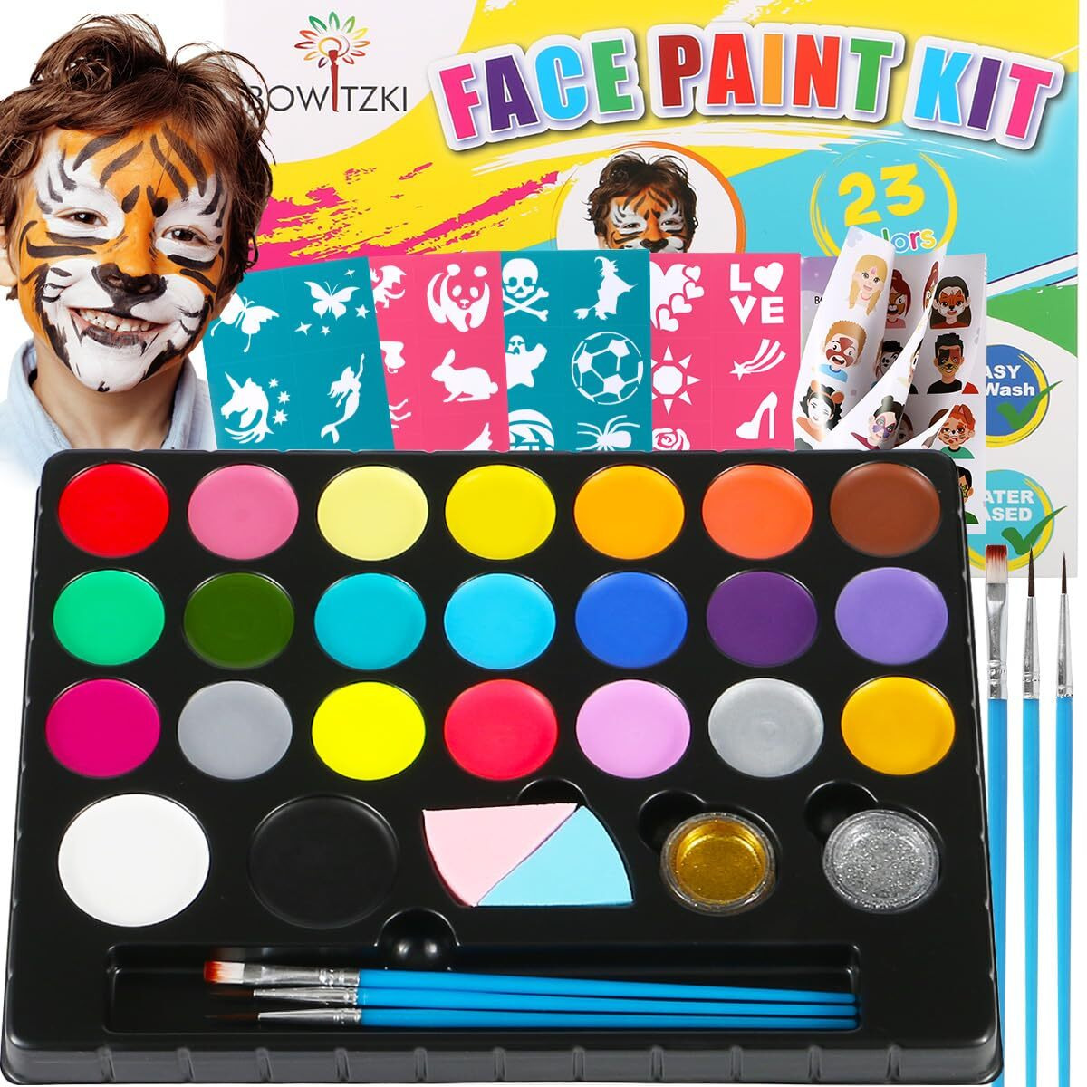 Bowitzki Face Painting Kit For Kids 23 Colors Water Based Face Paint Kit Non Toxic Professional With Stencils Brushes For Parties Birthdays Halloween Christmas Body Makeup