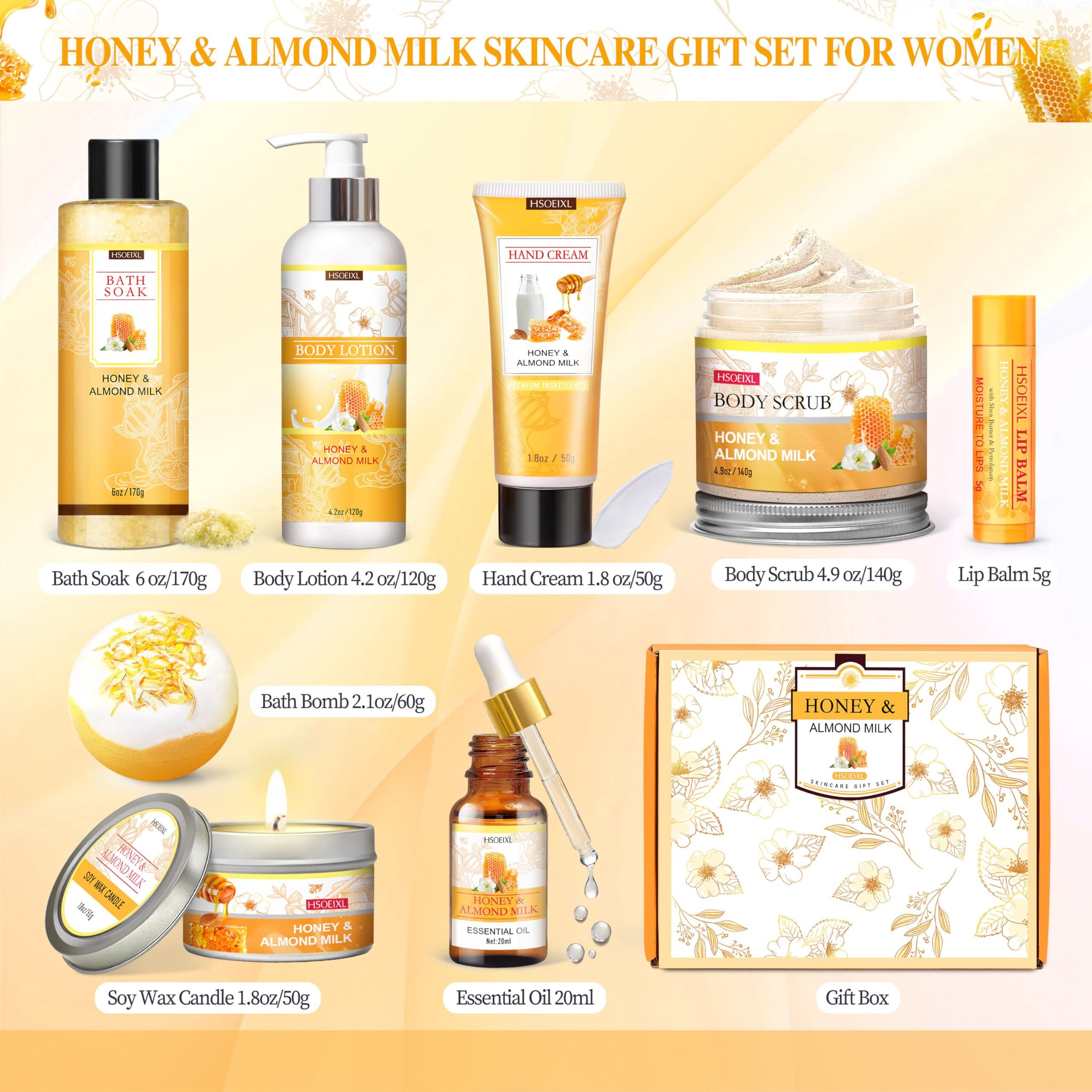 Gifts For Women, Birthday Gifts For Women, 9 Pc Almond Milk & Honey Bath And Body Gifts Set, Self Care Gifts Spa Gifts Basket, Relaxing Bath Sets For Mom, Girlfriend, Sister, Female Friends, Coworker